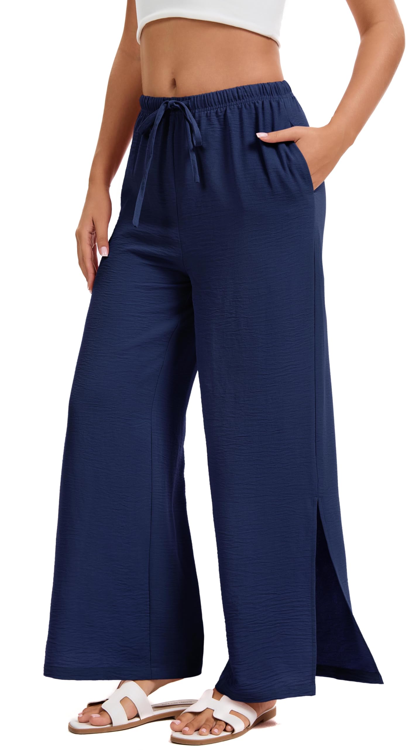 WUWUSK Yoga Stoffhose Damen Leichtweite Palazzo Hose High Waiste Strandhose Mit Kordelzug