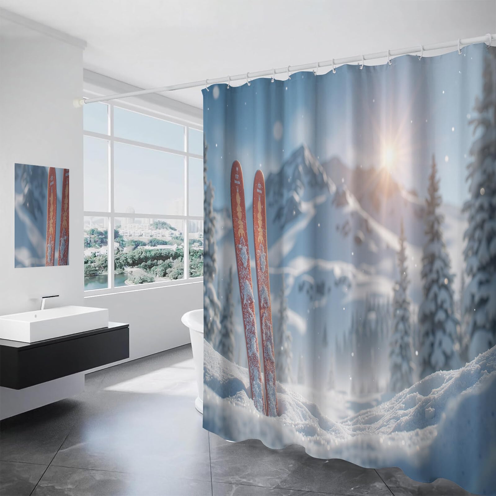 Rideau Douche,Rideau Baignoire Lavable en Machine Rideaux Douche Tissus Lavable Rideau De Baignoire Lavable pour Salle De Bain Domicile Baignoire Famille,Champ De Neige De Montagne,