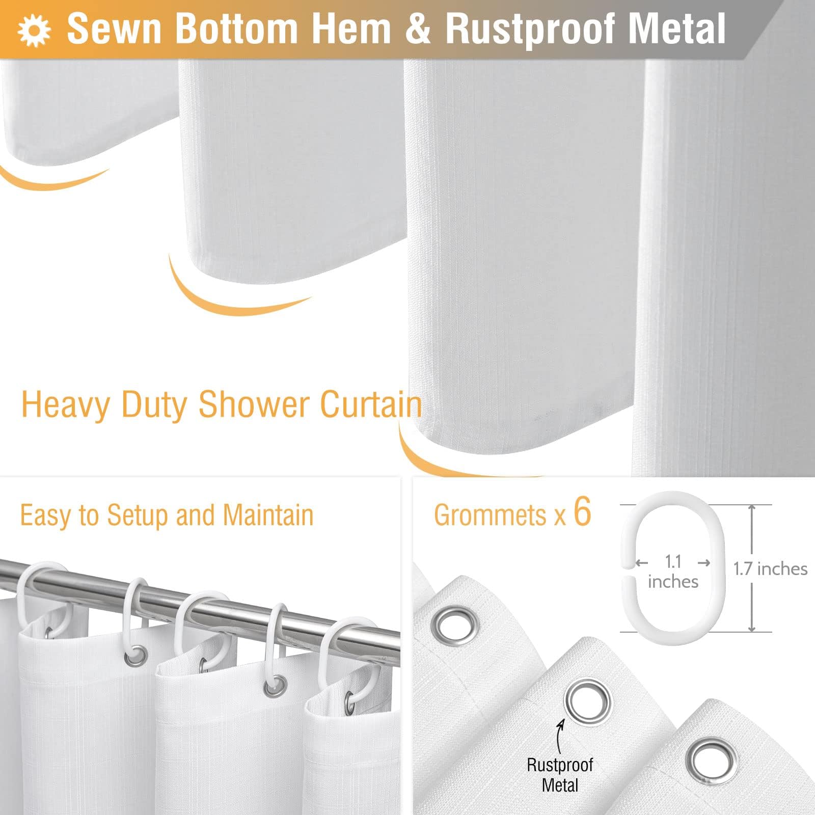 BTTN 92 x 182cm White Linen Shower Curtain, Narrow Stall Mildew Resistant Fabric Shower Curtain Set including 6 Plastic Hooks - Image 4