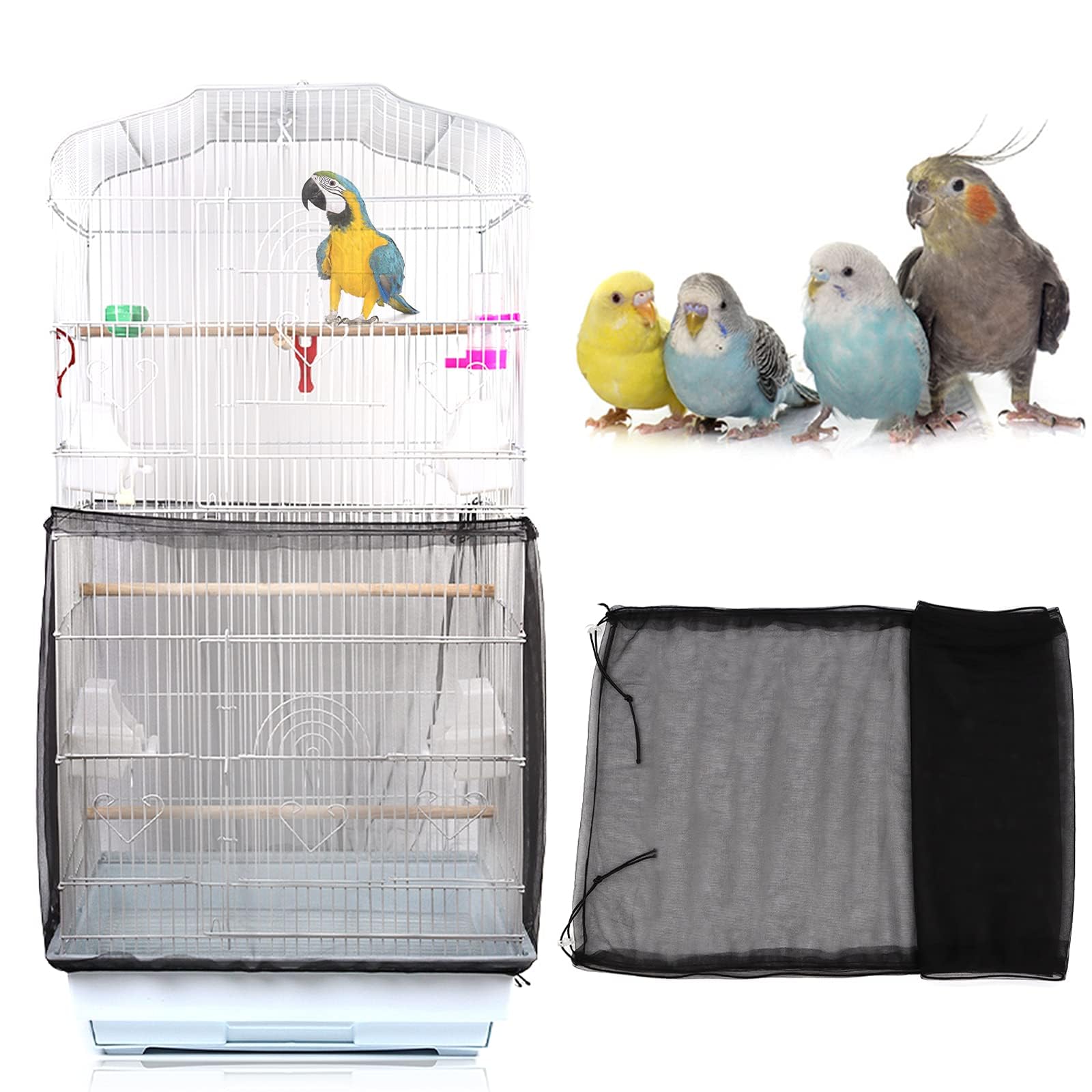 KASTWAVE Bird Cage Cover, Adjustable Parrot Nylon Airy Soft Mesh Net, Seed Feather Catcher, Birdcage Cover Skirt Sheer Guard for Parakeet & Macaw, Fits Round & Square Cages (Black)
