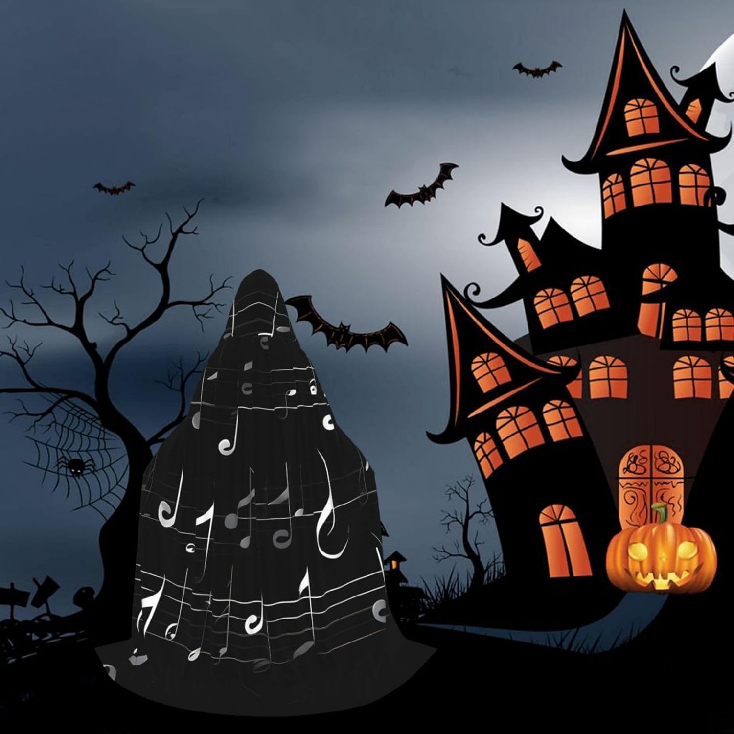 Black Music Notes print Wizard Hooded Robe Medieval Cape Renaissance Cloak for Men Women Halloween Costume