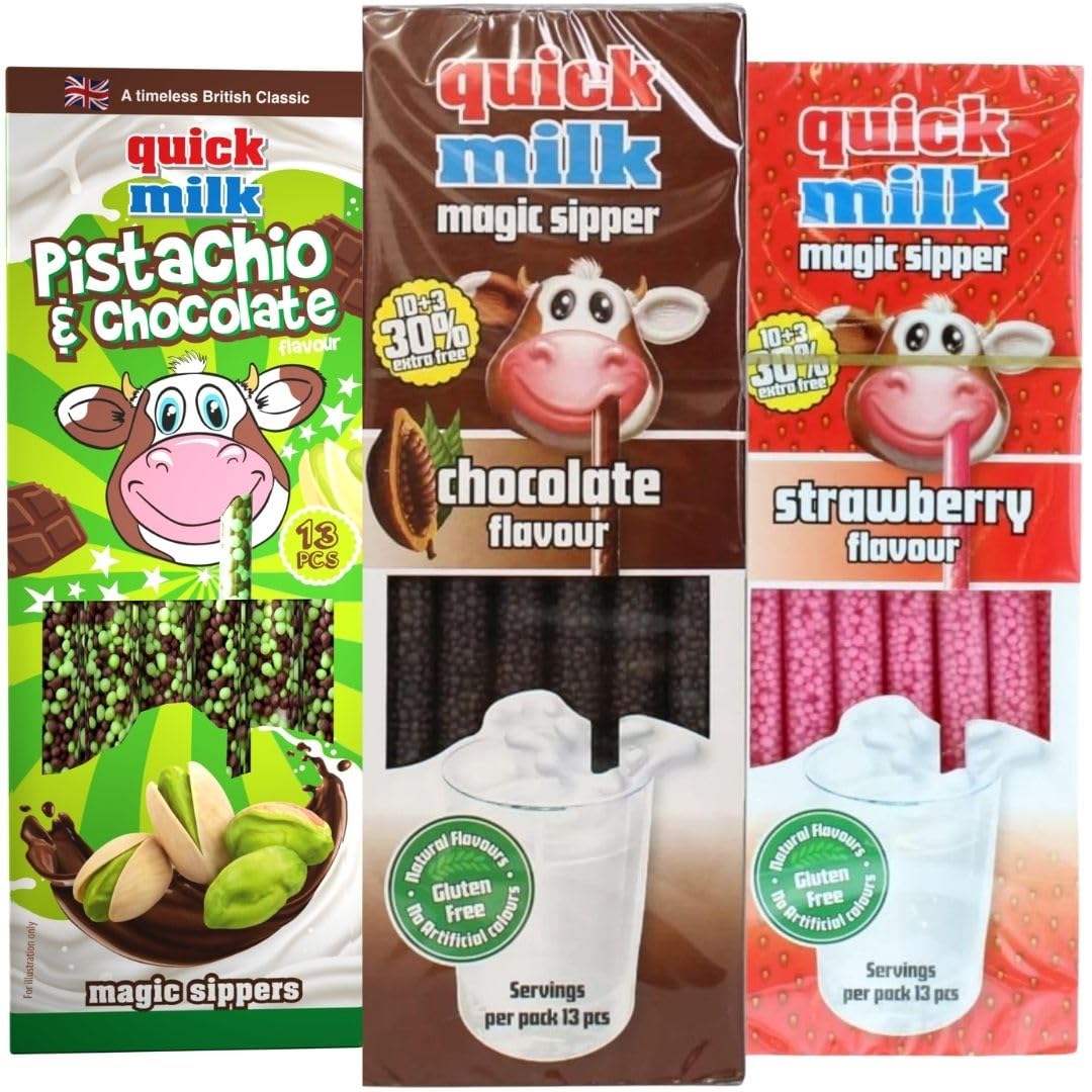 Quick Milk Straws Magic Sipper Straw | Flavoured Milk Straw Milkshake | Chocolate, Strawberry, Pistachio Flavours | Pack of 3 (39 Straws)