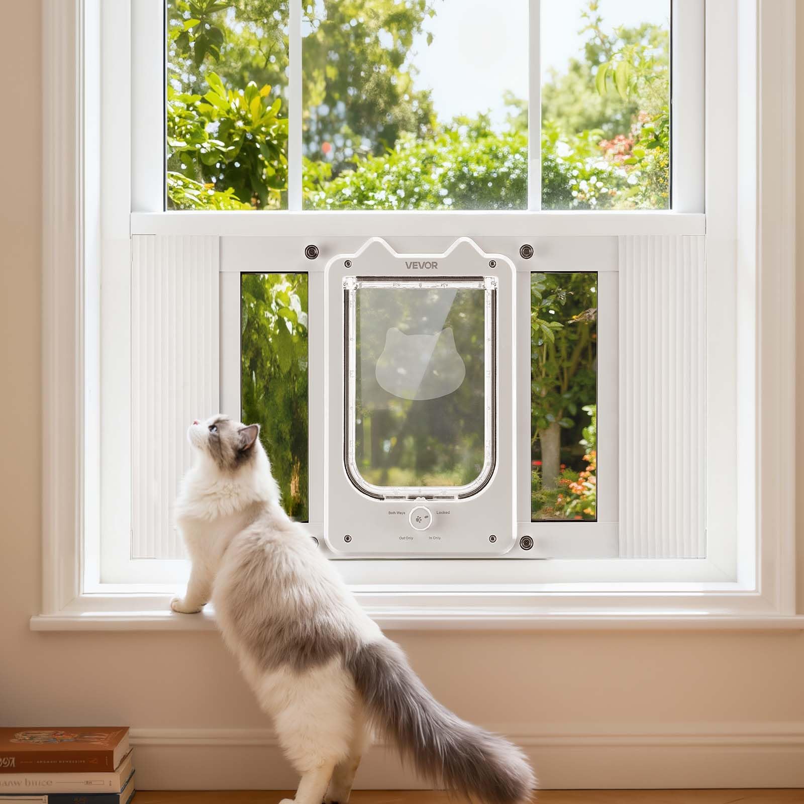 VEVOR Gatera para Gatitos para Ventana Ajustable de 58,4-71,1 cm Puerta para Gato 4 Modos de Cierre Marco de Aluminio y Cristal de Alta Transparencia Cierre Magnético para Mascotas Pequeñas, Blanco