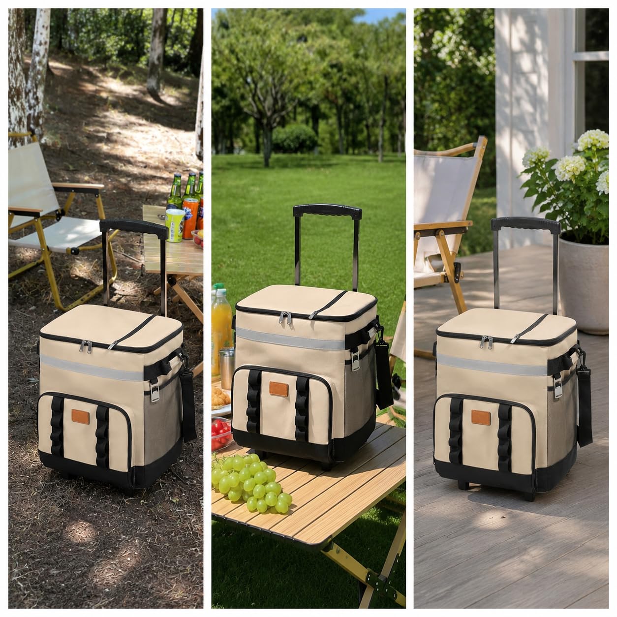 Borsa con Ruo, Grande Capacità, Borsa Frigo Portatile per Campeggio, Mare, con Manico lescopico e Ruo Scorrevoli, Cachi, Beige