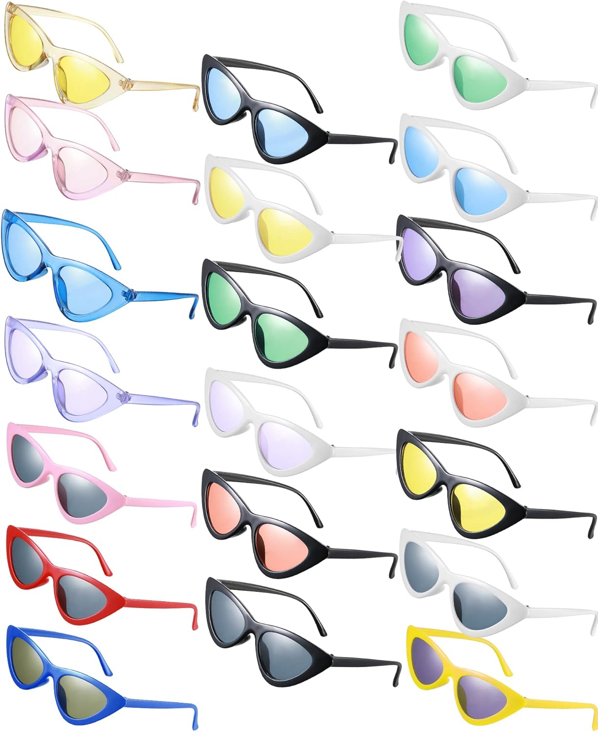 Flutesan 20 Pack Retro Vintage Narrow Cat Eye Sunglasses for Women Colorful Party Cat Eye Neon Sunglasses Plastic Frame Skinny Unisex Triangle Glasses Adult Party Favors