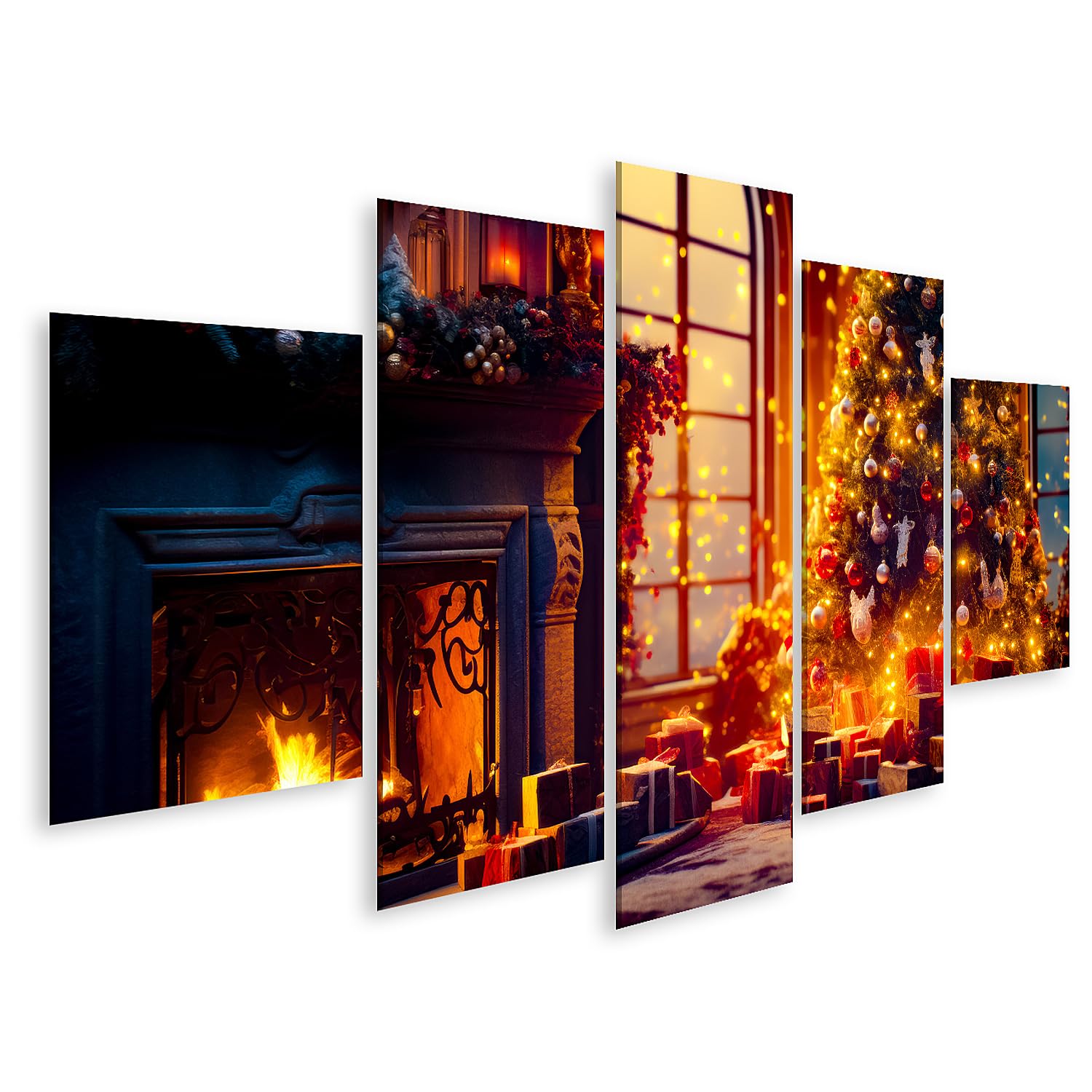 islandburner Tableau sur toile Sapin de Noël Salon à côté de la cheminée Cadeaux sous photos Poster mural