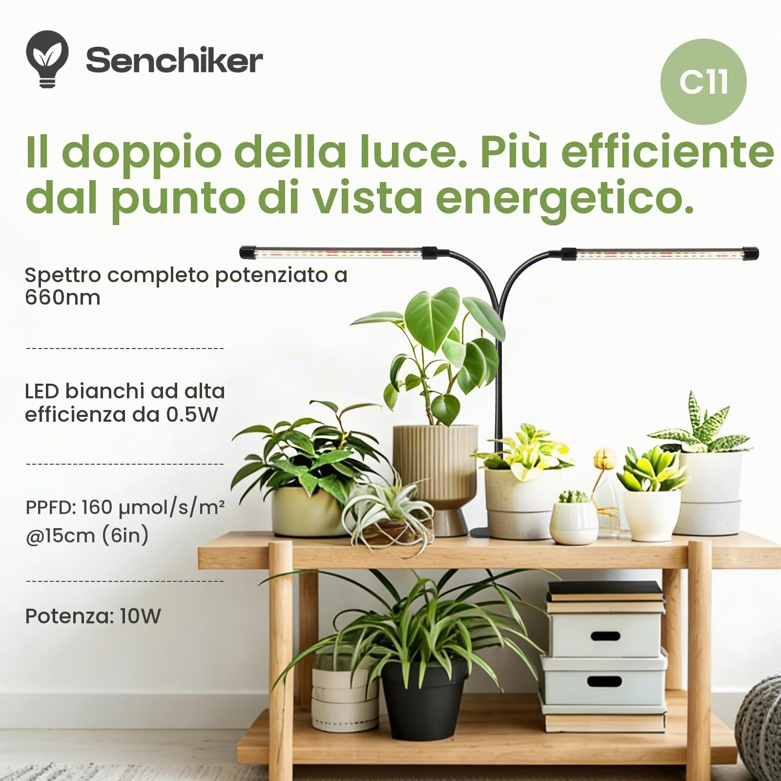 Lampada LED per Piante da Clip 12V, spettro completo con rosso 660nm potenziato, timer e dimmer, PPFD alto 160 µmol/s/m²@15cm, 10W luce di crescita ideale per coltivazione piante indoor.