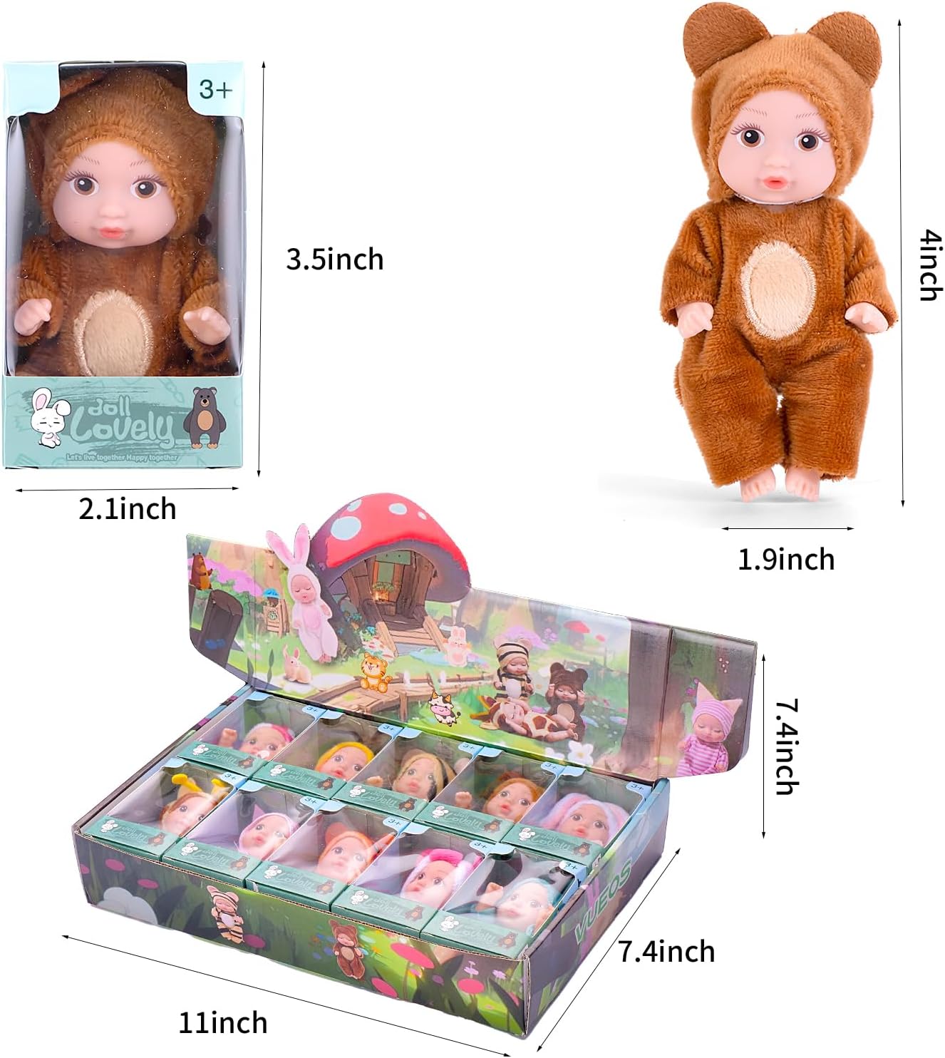 Vueos 10PCS 4inch Mini Reborn Baby Dolls Set with 10 Outfits - Realistic Open Eye Design Child-Safe Role Play Toys for Girls Boys, Christmas Birthday Easter Gift Sets