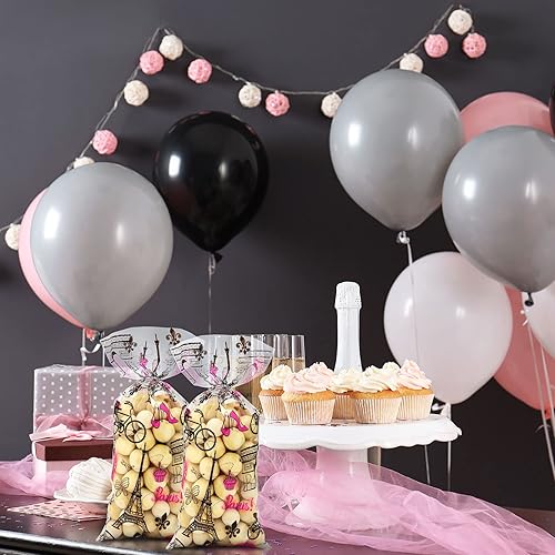 Miniatura 5 de 100 bolsas de celofán de París, de plástico transparente, color rosa, Torre Eiffel, bolsas de dulces con 100 lazos plateados para fiestas de día en