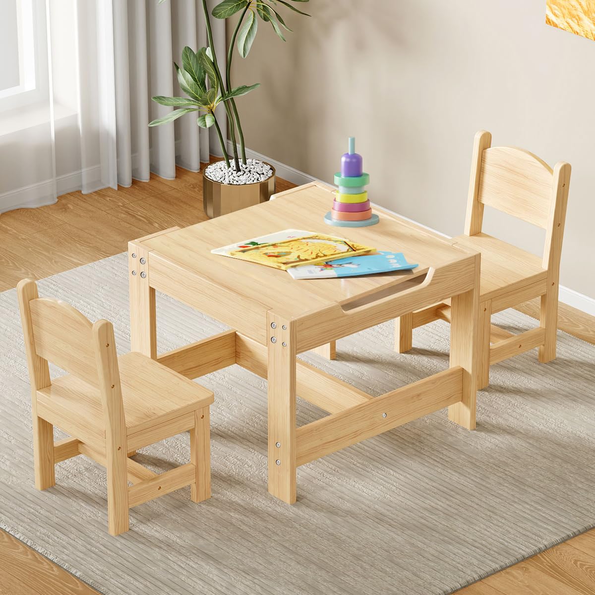 Solid Wood Toddler Table and Chair Set, 60x60cm, Kids Wooden Table and ...