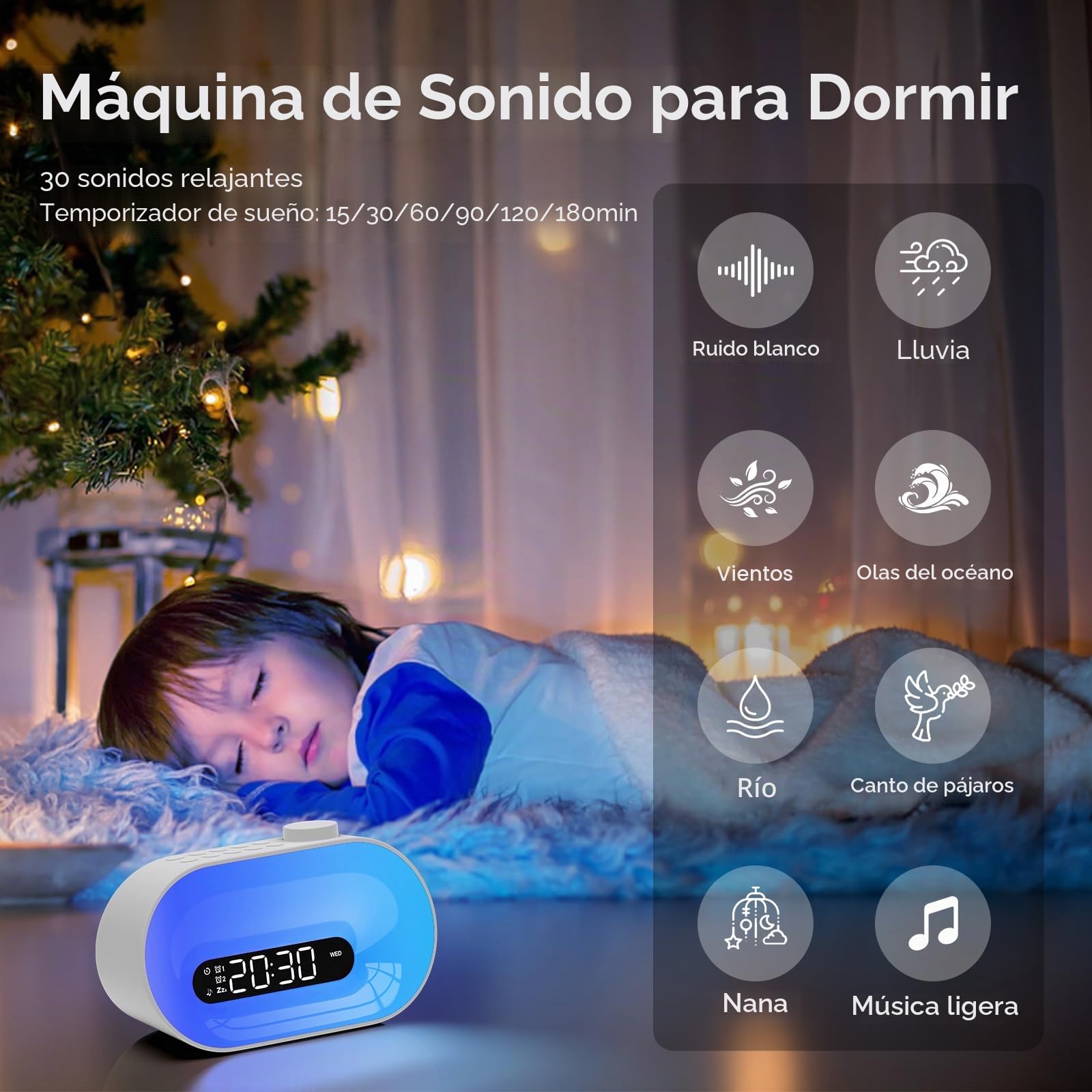 Reloj despertador de amanecer, máquina de ruido blanco con 30 sonidos relajantes, 14 luces nocturnas, 0-100% de atenuación, alarma dual, temporizador, lámpara de noche digital para niños, adolescentes