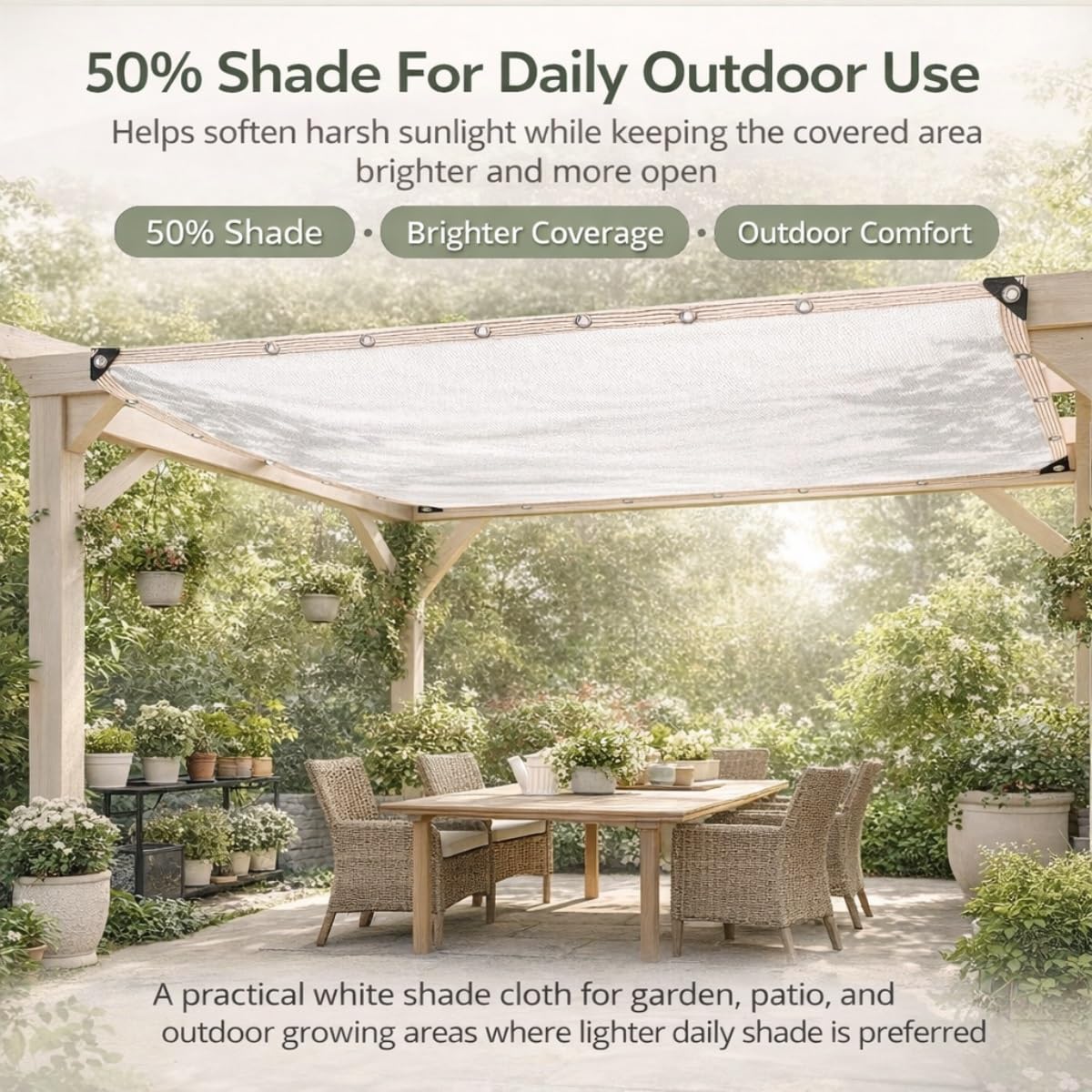 Malla Sombra Blanca 50% con Ojales Cada 50cm, Malla de Sombreo HDPE Transpirable, Malla Ocultacion para Jardín, Plantas, Invernadero, Huerto, Gallinero, Caseta, Patio(3X8M)