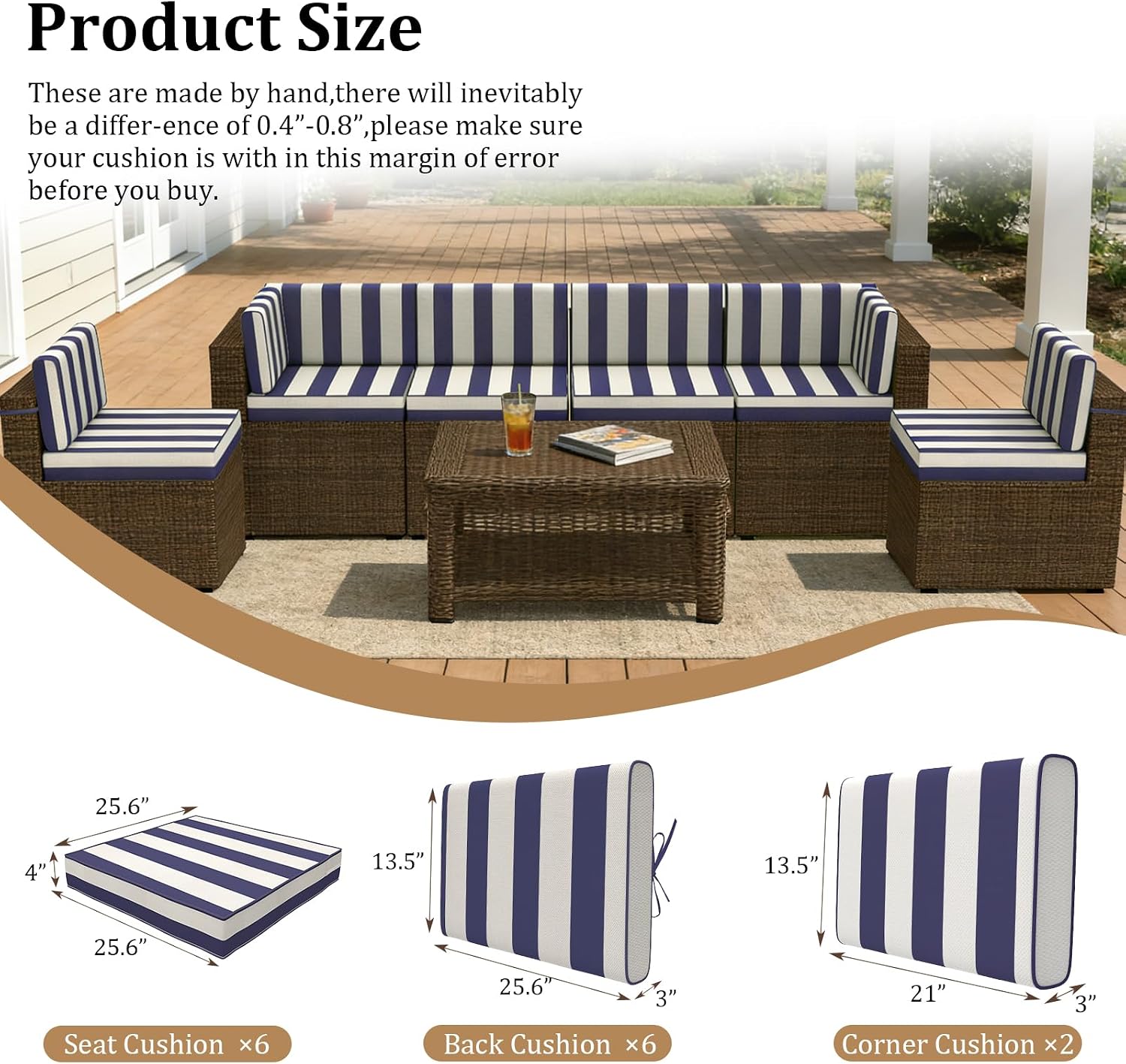 14 Pcs Outdoor Replacement Cushions for Patio Furniture, All Weather Water Resistant Cushion for 6 Seat Rattan Wicker Sectional Patio Conversation Sets and Couch (Blue Stripe)