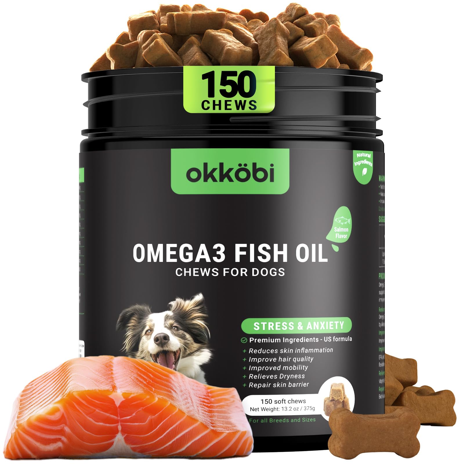 Omega 3 Chews for Dogs - 150Pcs - Dog Skin and Coat Supplement - Rich in EPA & DHA Fatty Acids - Itching Skin Relief Chews - Reduce Hair Shedding - Made with Fish Oil - Salmon