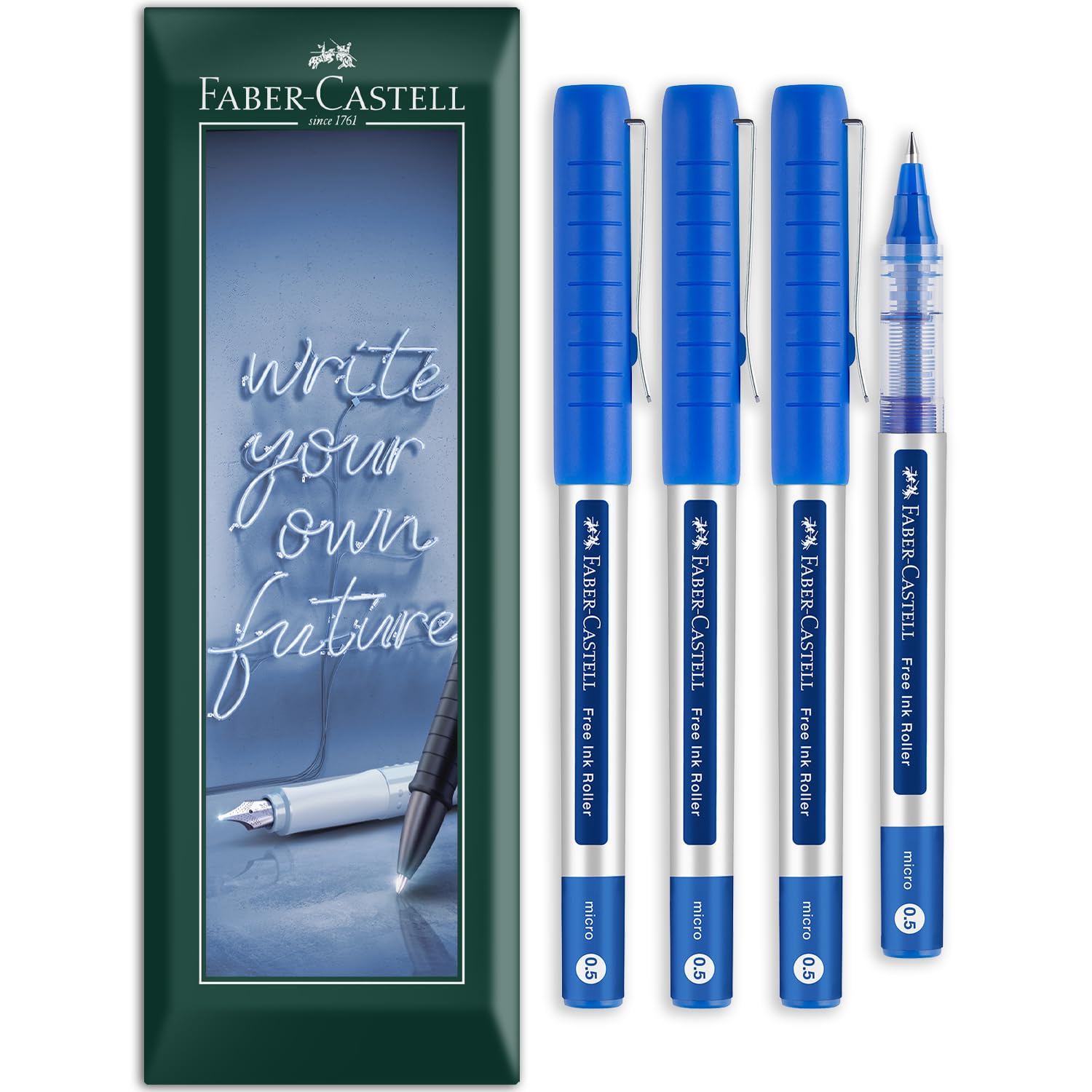 Faber-Castell Free Ink Roller Pen - 0.5mm Micro Nib - Envelope Gift Pack of Rollerball Pens - Stationery for Office, Work, Home etc - Pack of 4 (Blue)