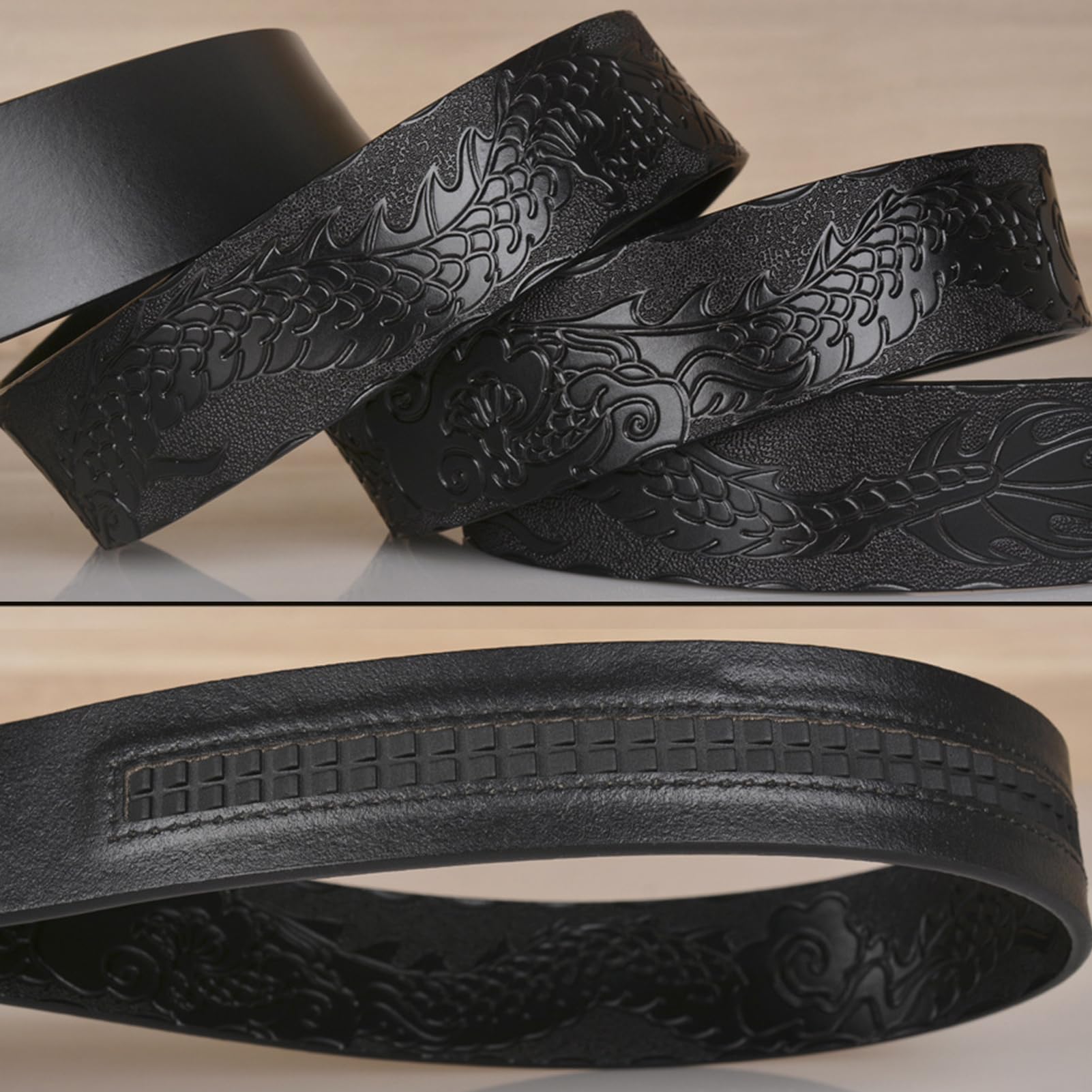 Cinturón De Cuero Con Trinquete Deslizante, Dragón Grabado En Relieve, Hebilla Automática Ajustable, Estilo Informal Neutro, Cintura 110 Cm/37", Negro