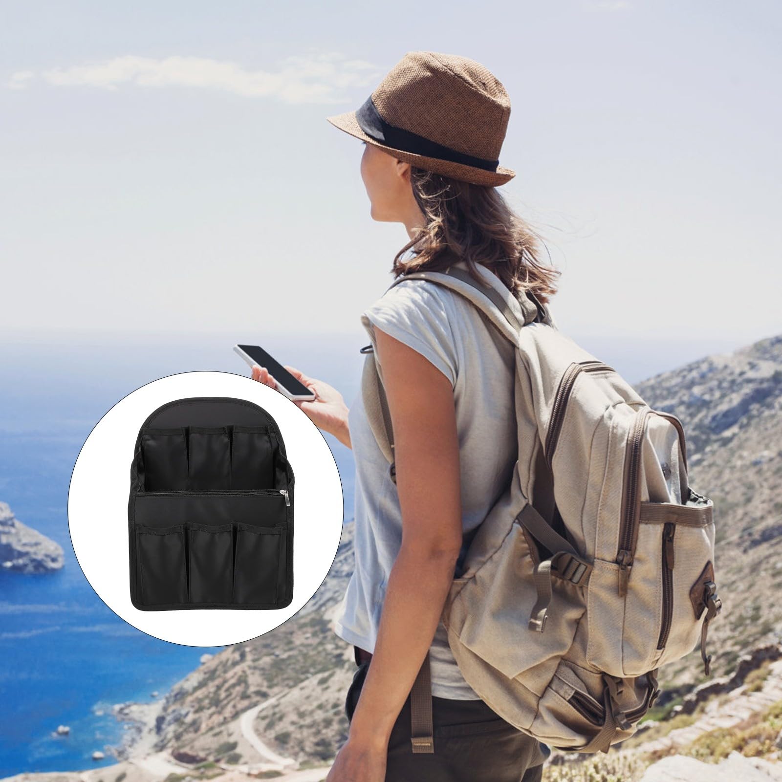 Inserto Organizador de Mochila Negro Grande de Nailon Resistente, Bolsa Interior Multifunción Múltiples Compartimentos y Bolsillos Cremallera para Viaje y Trabajo