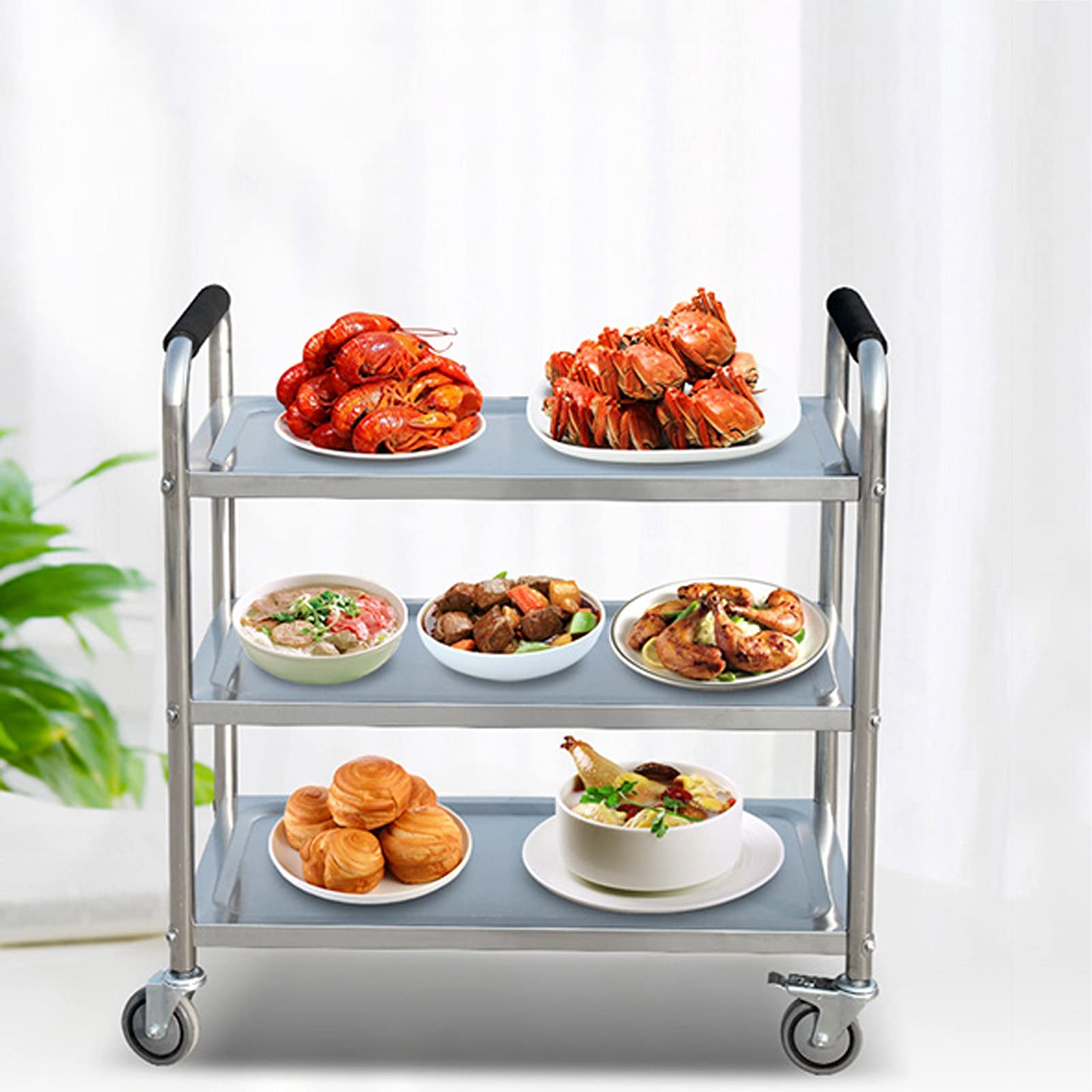 Carrello di servizio in acciaio inox con vassoio rimovibile a 2/3 livelli con ruote bloccabili, 3 livelli - 90 x 50 x 90 cm 2 livelli - 85 x 45 x 90 cm Cucina e sala da pranzo Utili