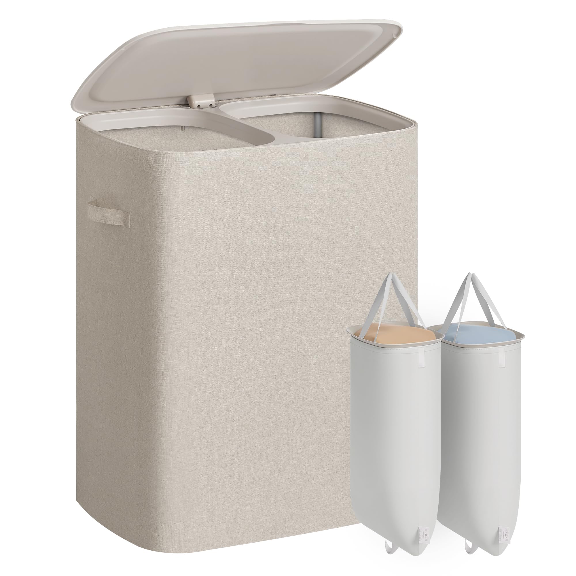 SONGMICS Laundry Basket with Lid, 160L Large Hamper, 2 Compartments, Removable Liner Bags, Foldable Washing Bin with Handles, 56 x 40.5 x 70 cm, Beige, Brosi Collection LCB822L101