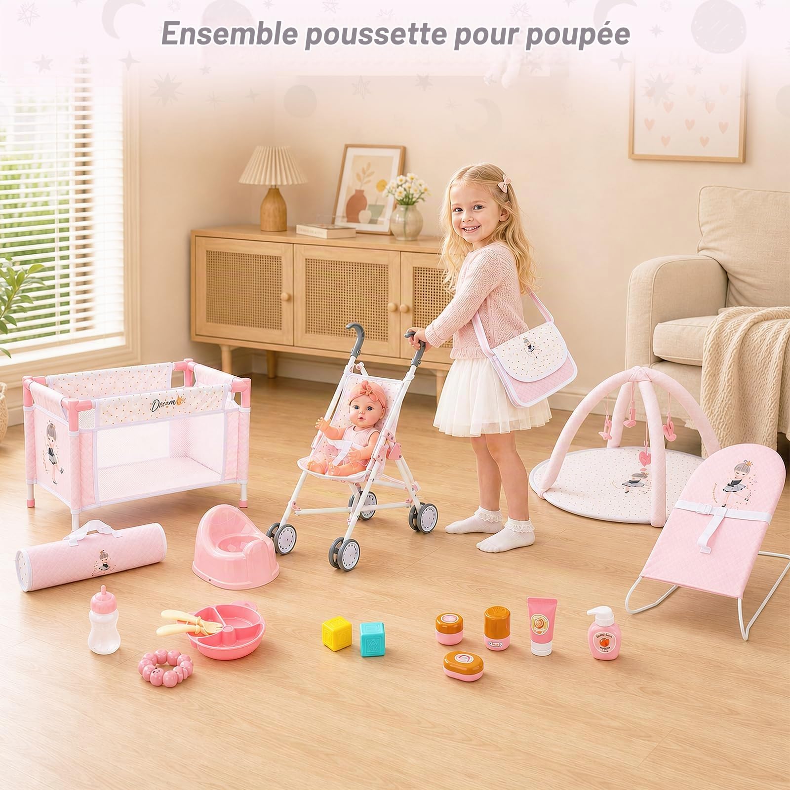 deAO Coffret Poussette Poupée avec Berceau, Tapis de Jeu, Sacs de Voyage