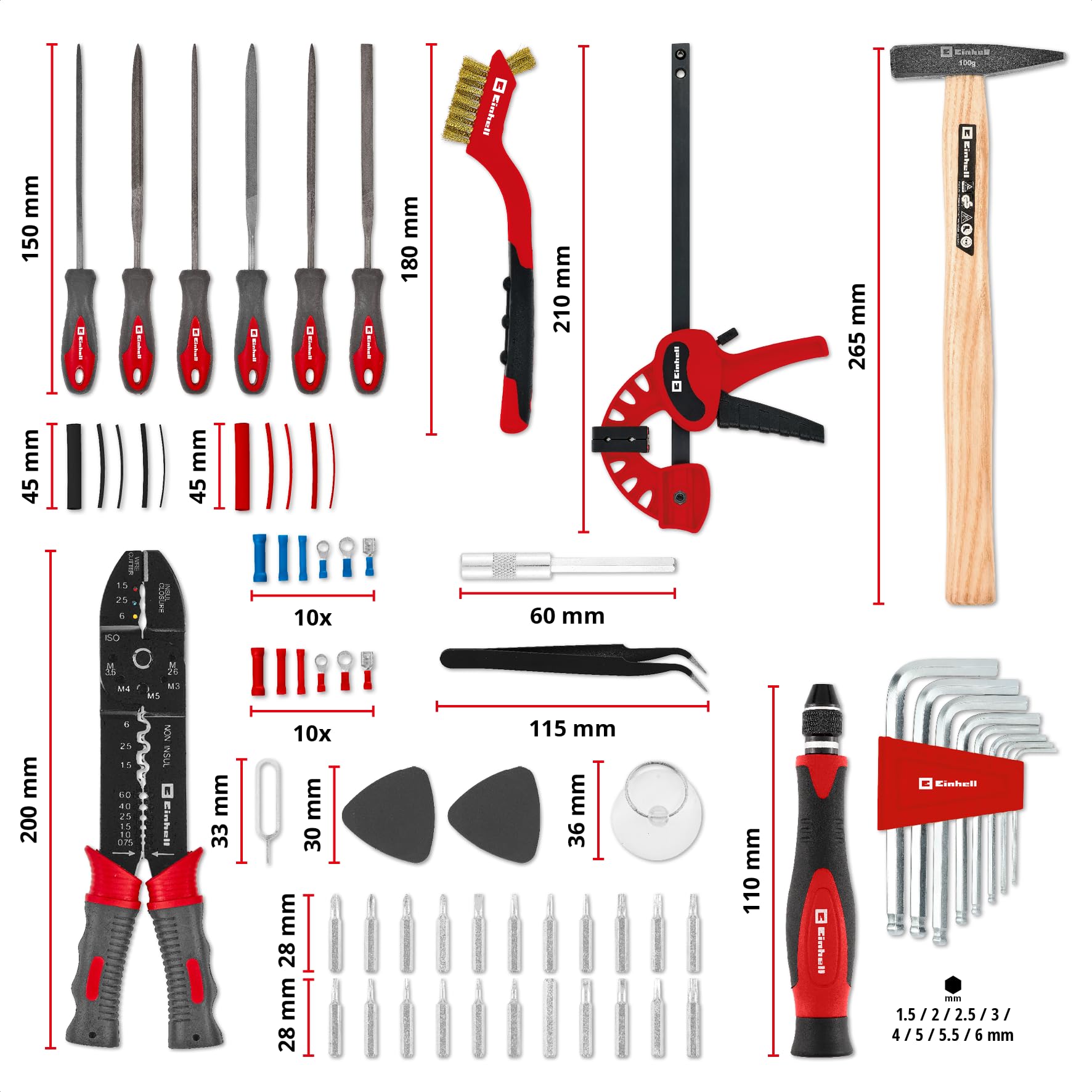 Original Einhell E-Case coffret à outils 153 pièces hobby (DIY, kit réparation électronique, pinces d’électricien, set de cosses de câble, brosse métallique main, limes, serre-joints, coffret système)