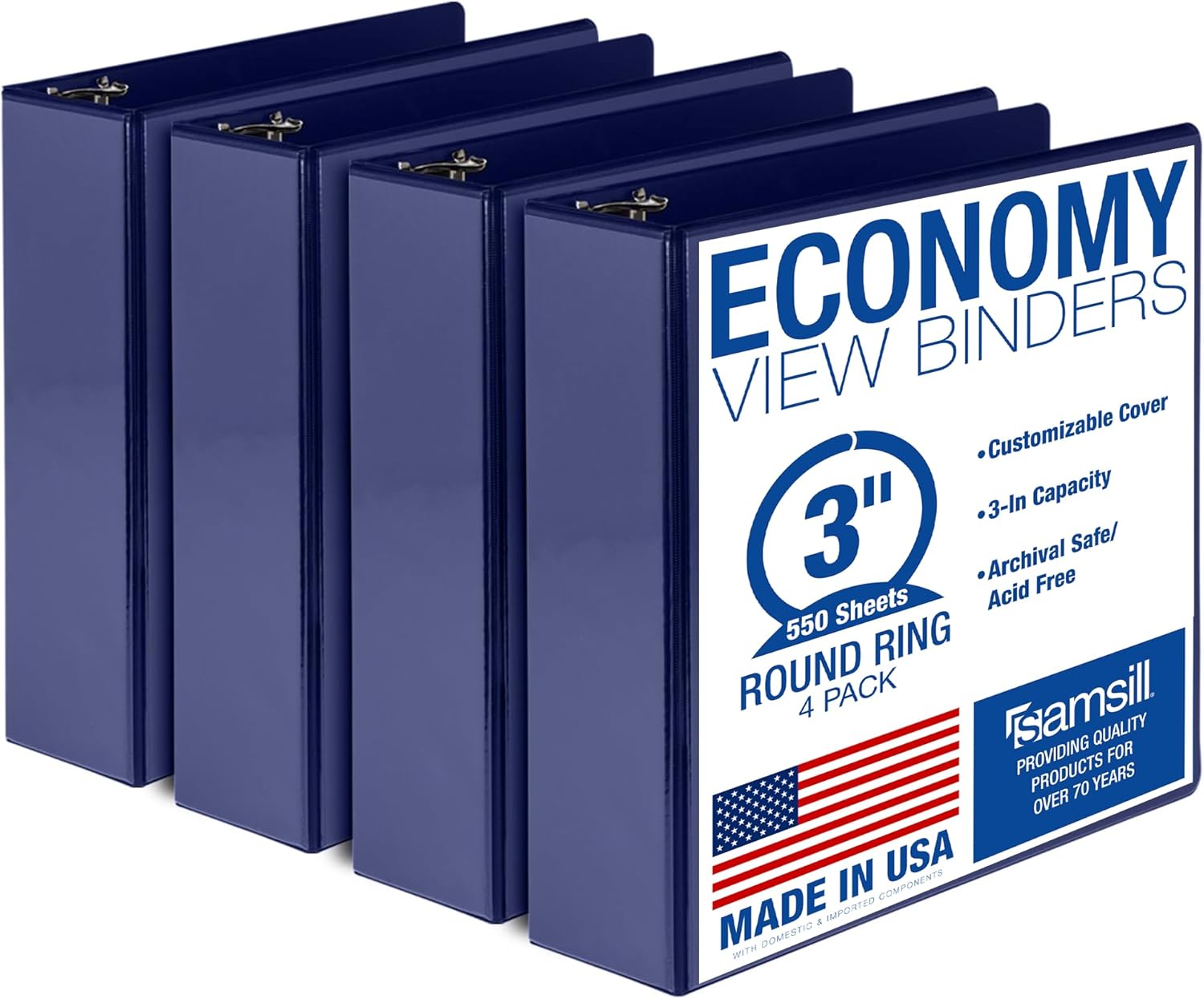 Samsill 3 Inch 3 Ring Binders, Economy Round Ring, Clear View Cover, 550 Sheet Capacity - for School, Home, Office - Blue, 4 Pack