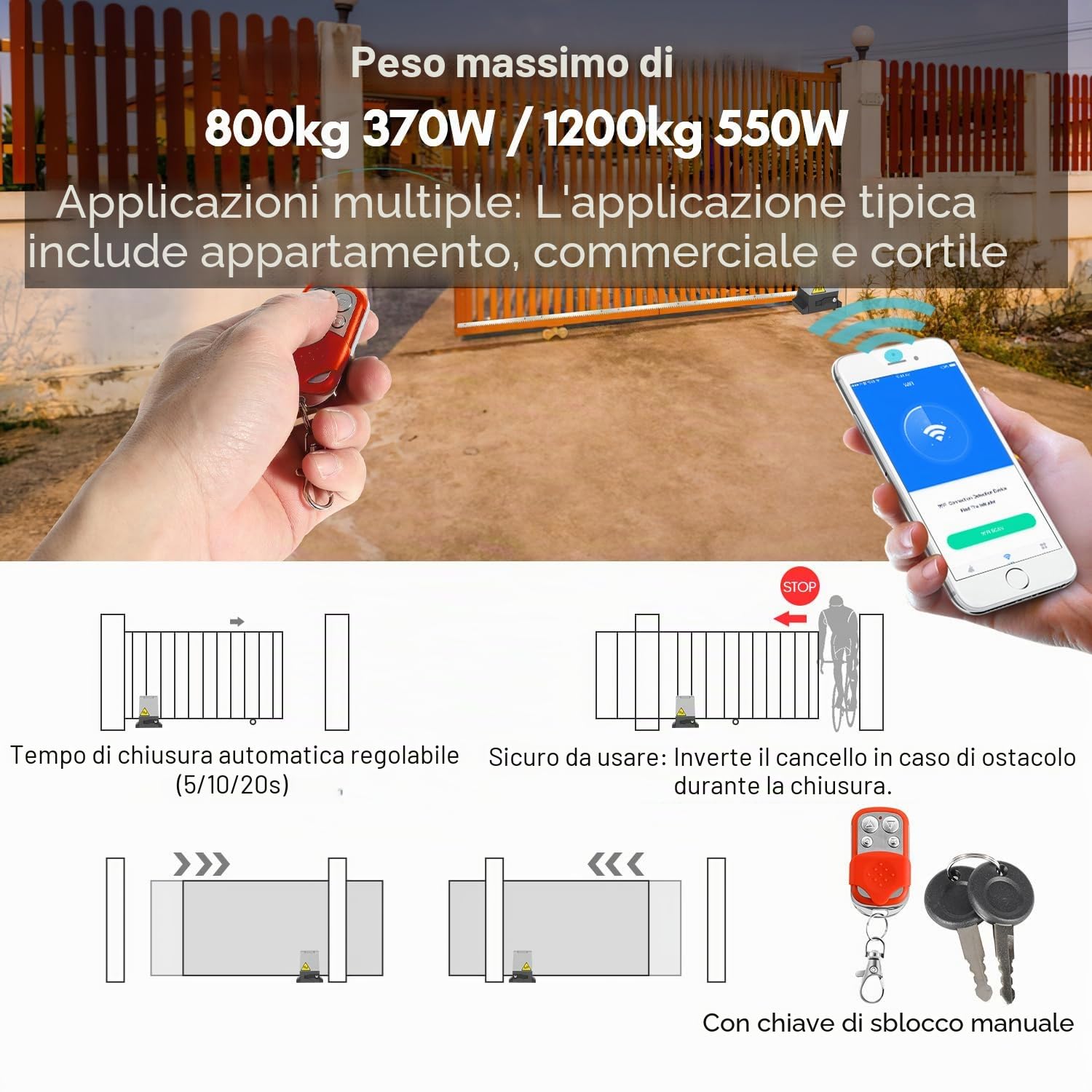 800kg 370W Smart WiFi Kit Automazione Cancello Scorrevole, Motore Cancello Scorrevole per Porte Fino a 12 m, con 2 Telecomandi, Cremagliera da 4 m e 2 chiavi