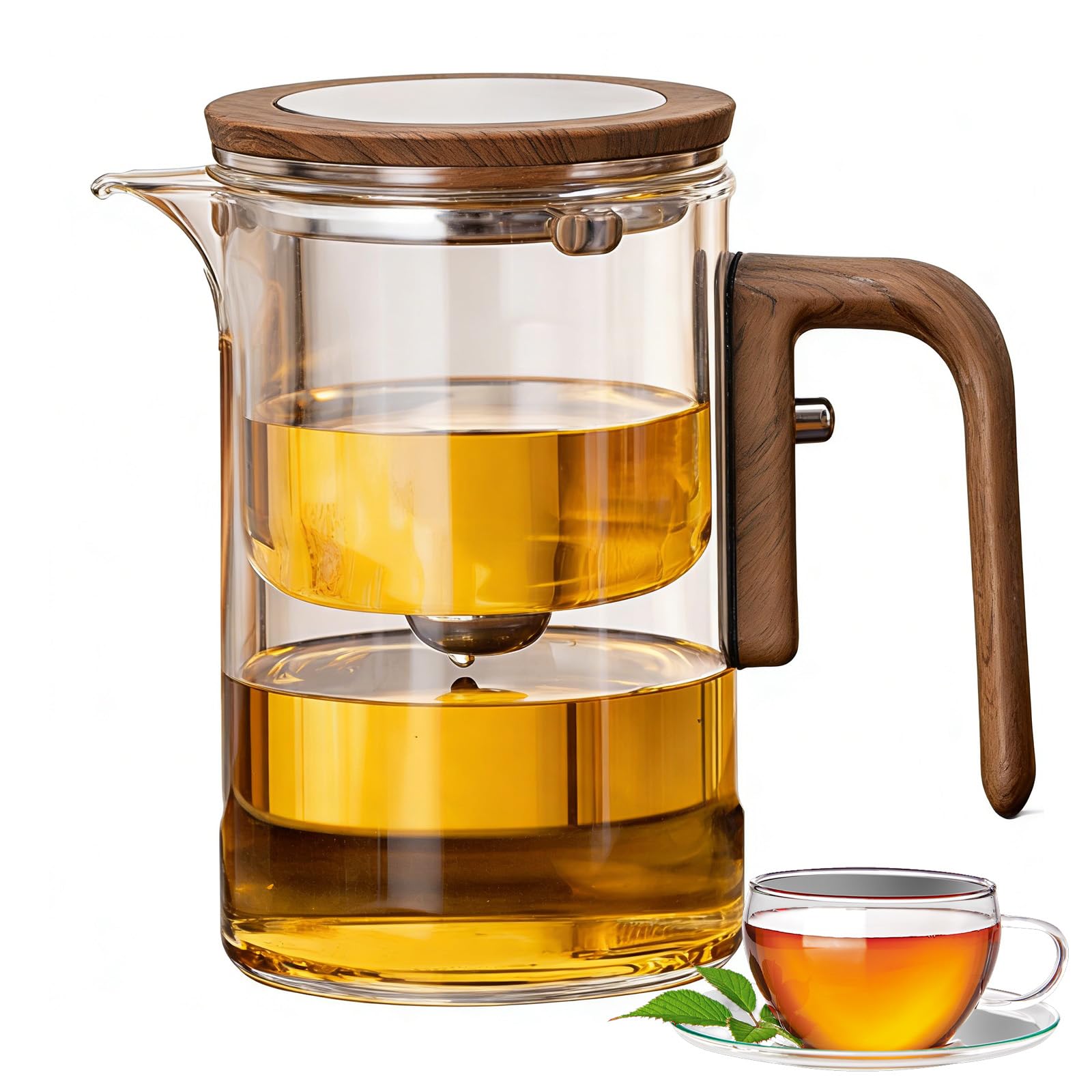 Teteras de Cristal,Tetera de cristal para separación de agua con filtro y mango de madera,Tetera mágica para té a Infusiones,tea infuser regalos para los amantes del té (600, Mililitros)