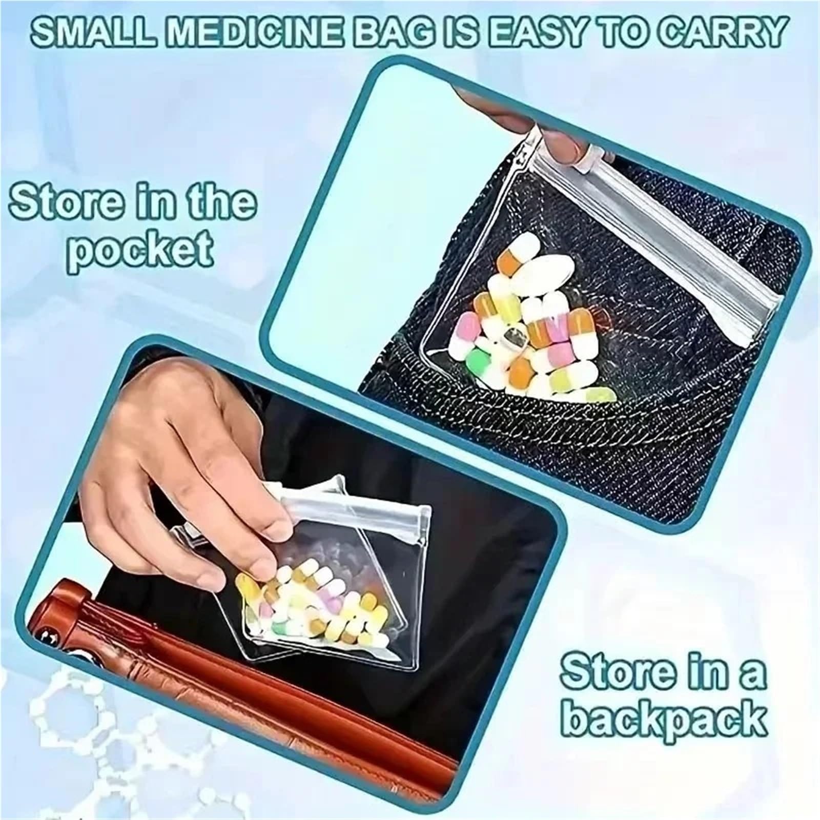 Lot de 30/60/120 sachets à médicaments en EVA avec fermeture éclair, en plastique, auto-scellants, pour petites pilules, emballage séparé, mini étui, boîte à pilules pour voyage (60 pièces)