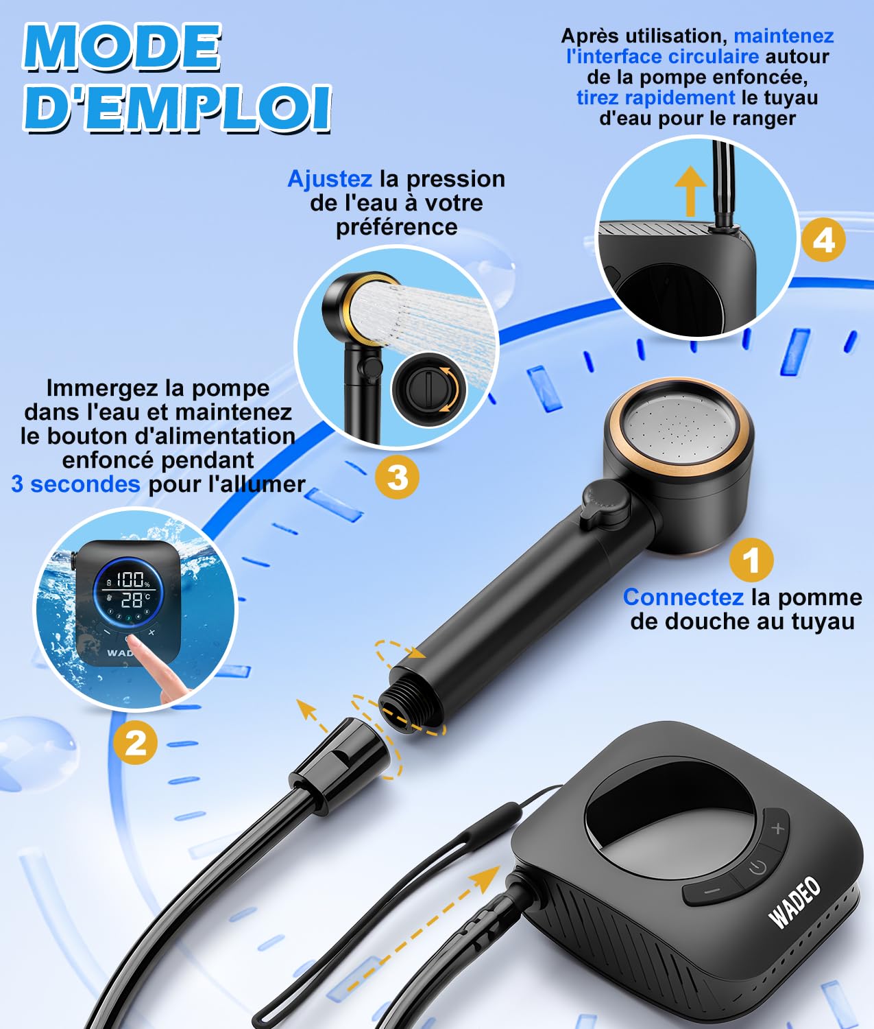 WADEO Douche Portable pour Camping, Pompe de Douche Rechargeable 8000mAh, Seau Pliable de 20L, 5 Modes de Douche et Étanche IPX8, Douche Extérieure pour Randonnée, Voyages, Voiture, Animaux
