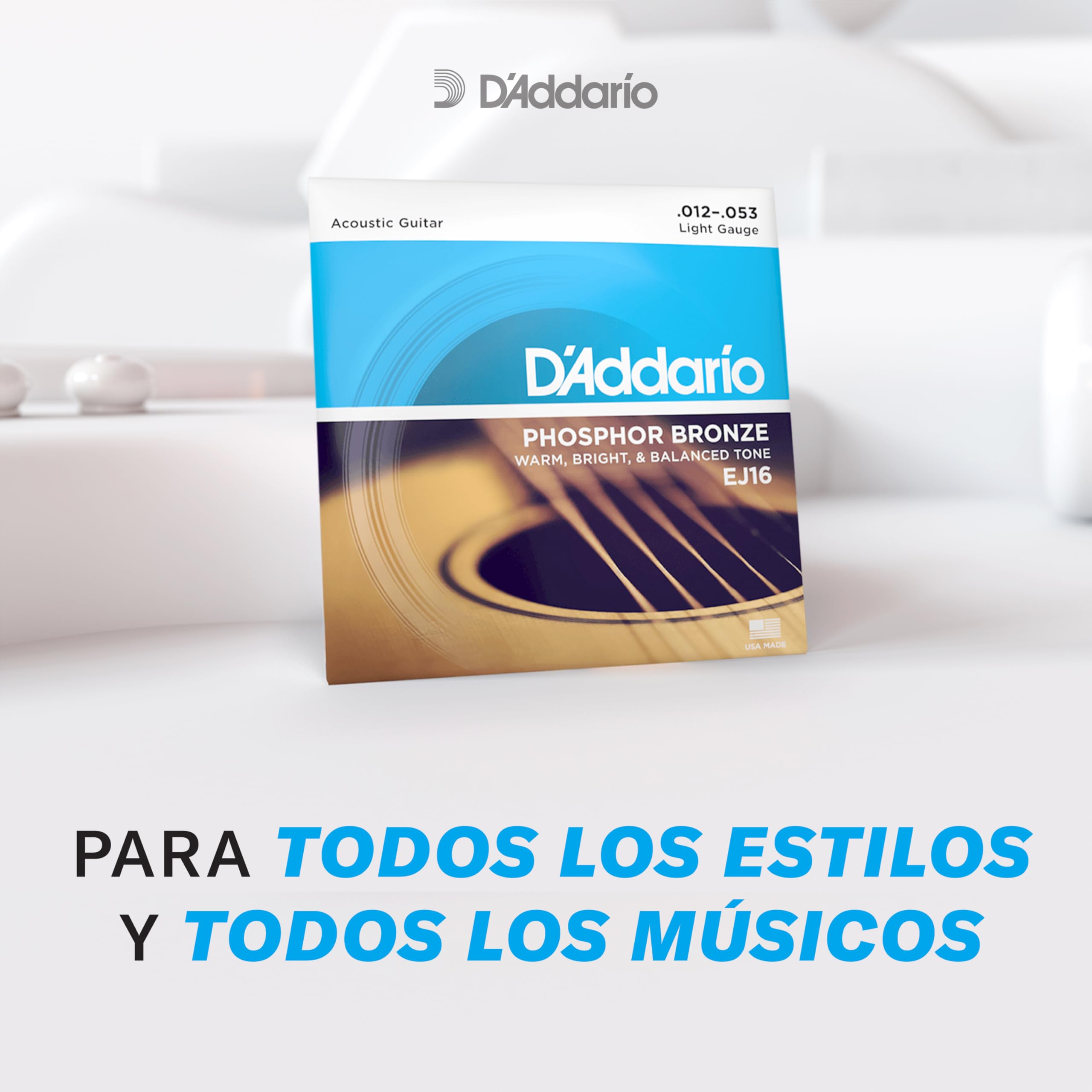 D'Addario Guitar Strings - Acoustic Guitar Strings - Flat Tops Phosphor Bronze - For 6 String Guitar - Warm, Semi-Bright Tone - EFT16 - Light, 12-53