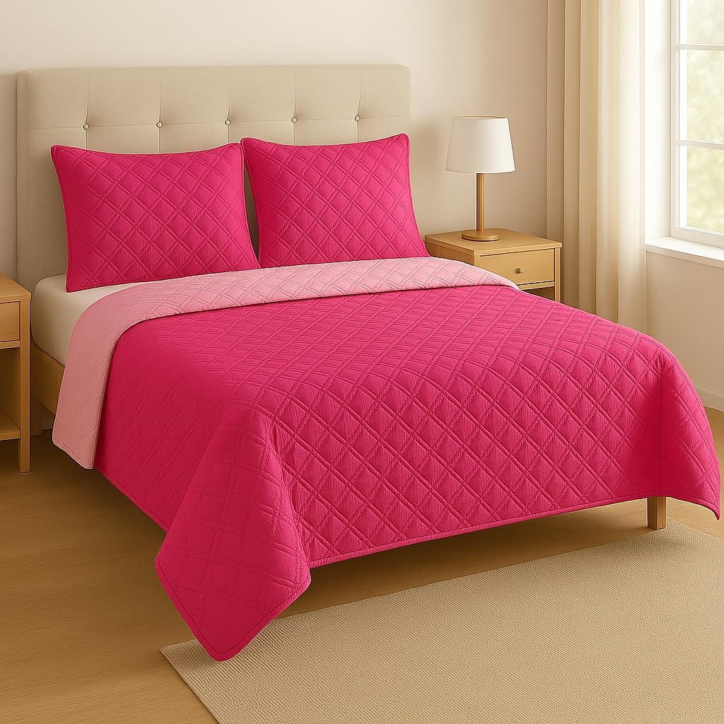 Copriletto Una Piazza e Mezzo Trapuntato Double Face, Made in Italy - Trapunta Primaverile/Estiva in Morbida Microfibra - Trapuntino Bicolore disponibile in Vari Colori - 220x240 cm (Fucsia/Rosa)