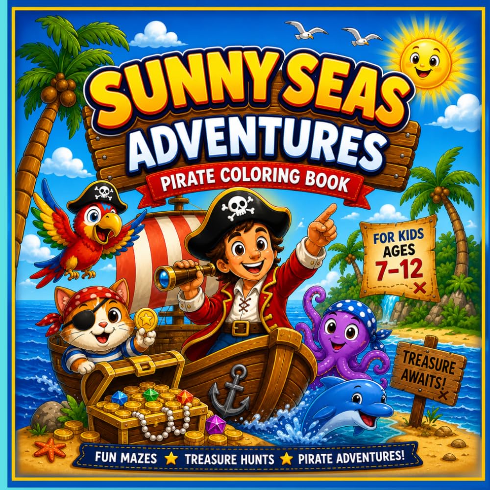 Sunny Seas Adventures Coloring Book: For Kids 7-12 who loves to color, fun mazes, treasure hunts, and pirate adventure