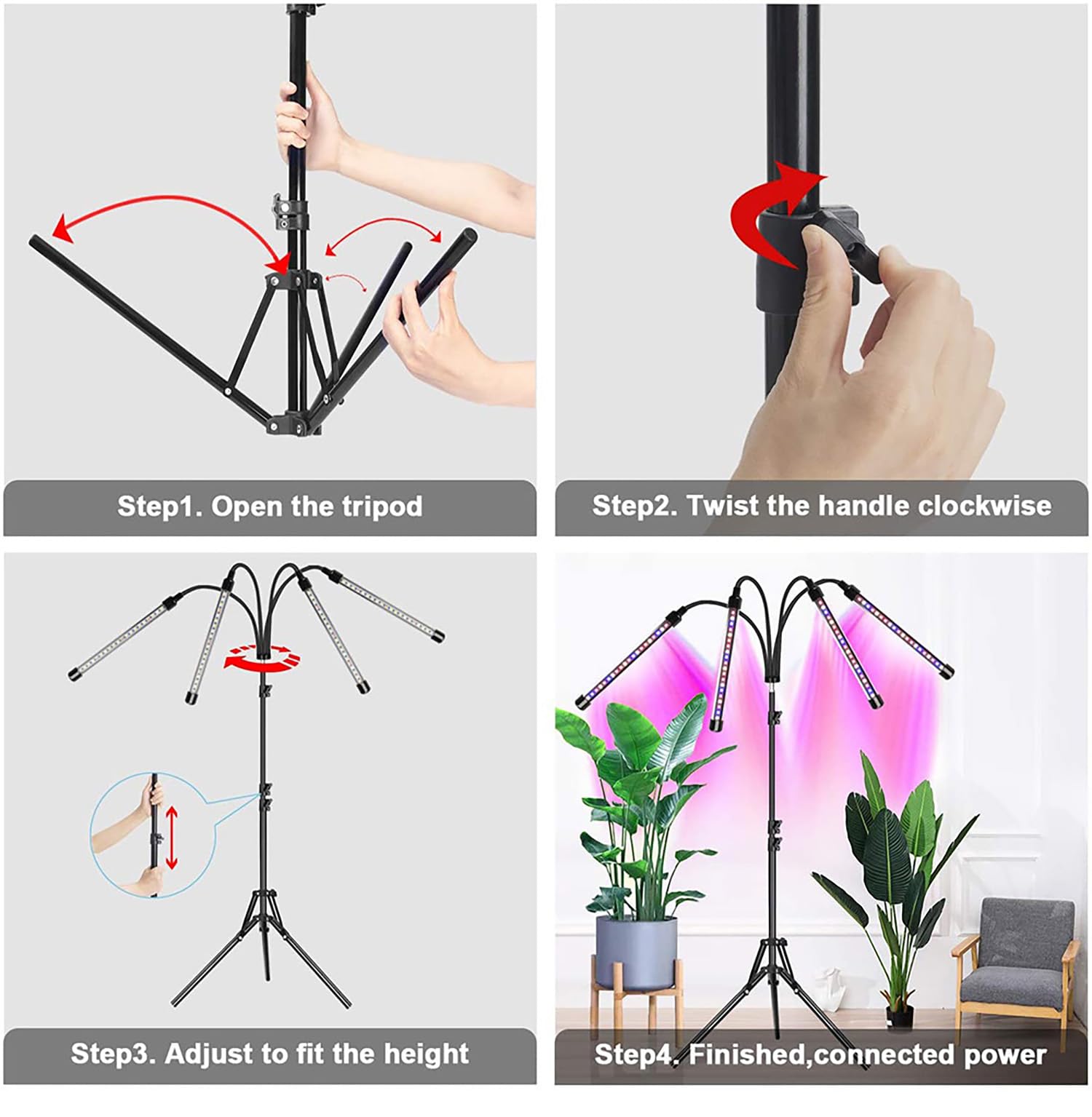 Lampes de croissance LED pour plantes d'intérieur, lampe de croissance à DEL avec support, spectre complet LED, 10 niveaux à intensité variable, 3 modes de synchronisation, trépied réglable de 160 cm.