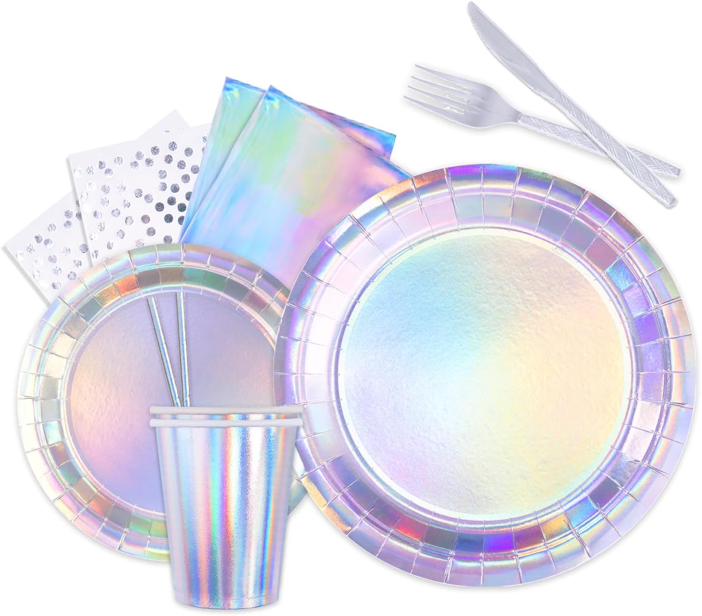 Iridescent Party Decorations Set - 9 Inch Plates, 7 Inch Plates, Napkins, Cups, Forks, Knives, Spoons, Straws, Silver Tablecloth - 177 Pieces - Perfect for Parties and Events