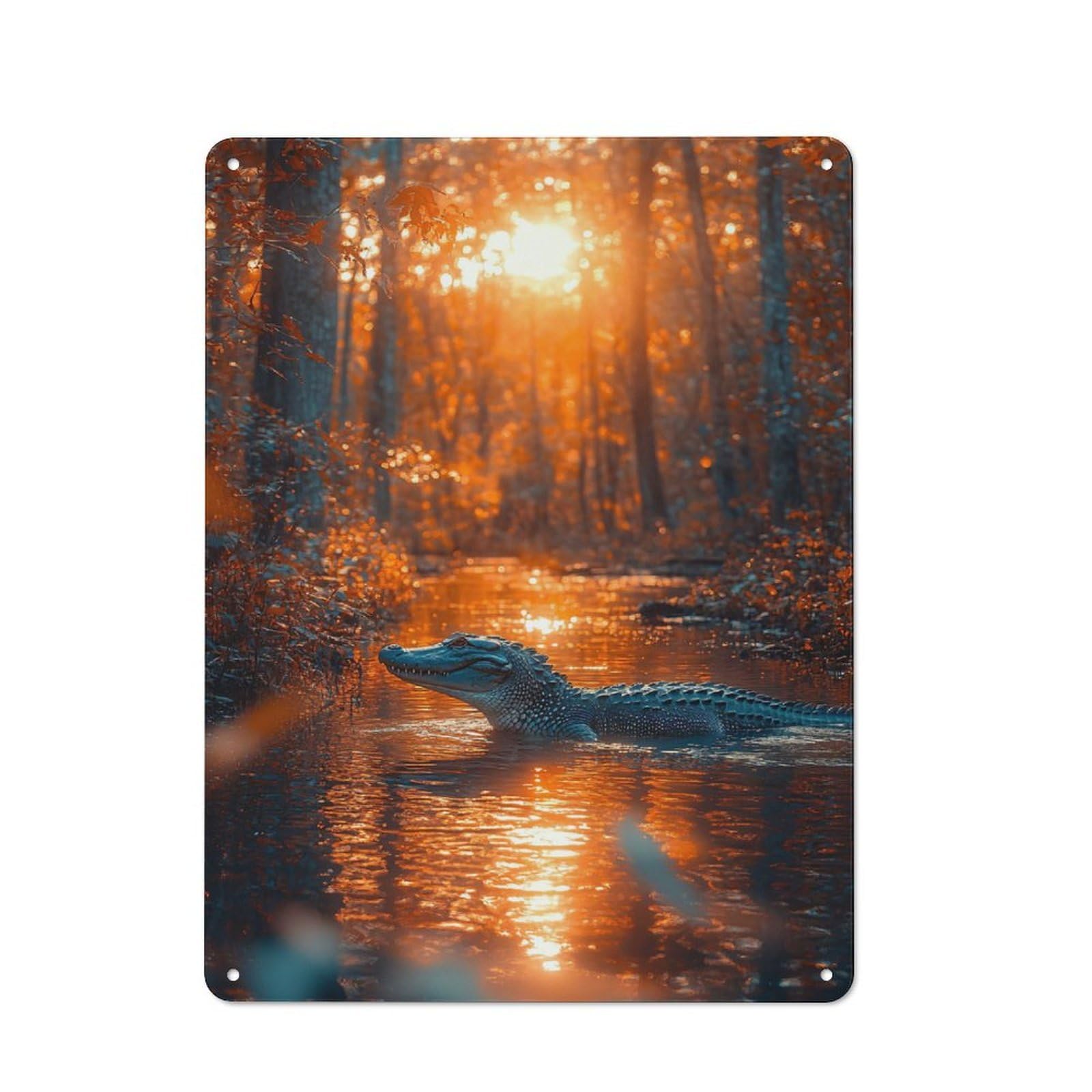 Industrial Metal Sign with Alligator in Swamp at Sunset Design 40x30cm, Modern Retro Loft Wall Plaque for Workspace, Cafe, Hallway Or Garage