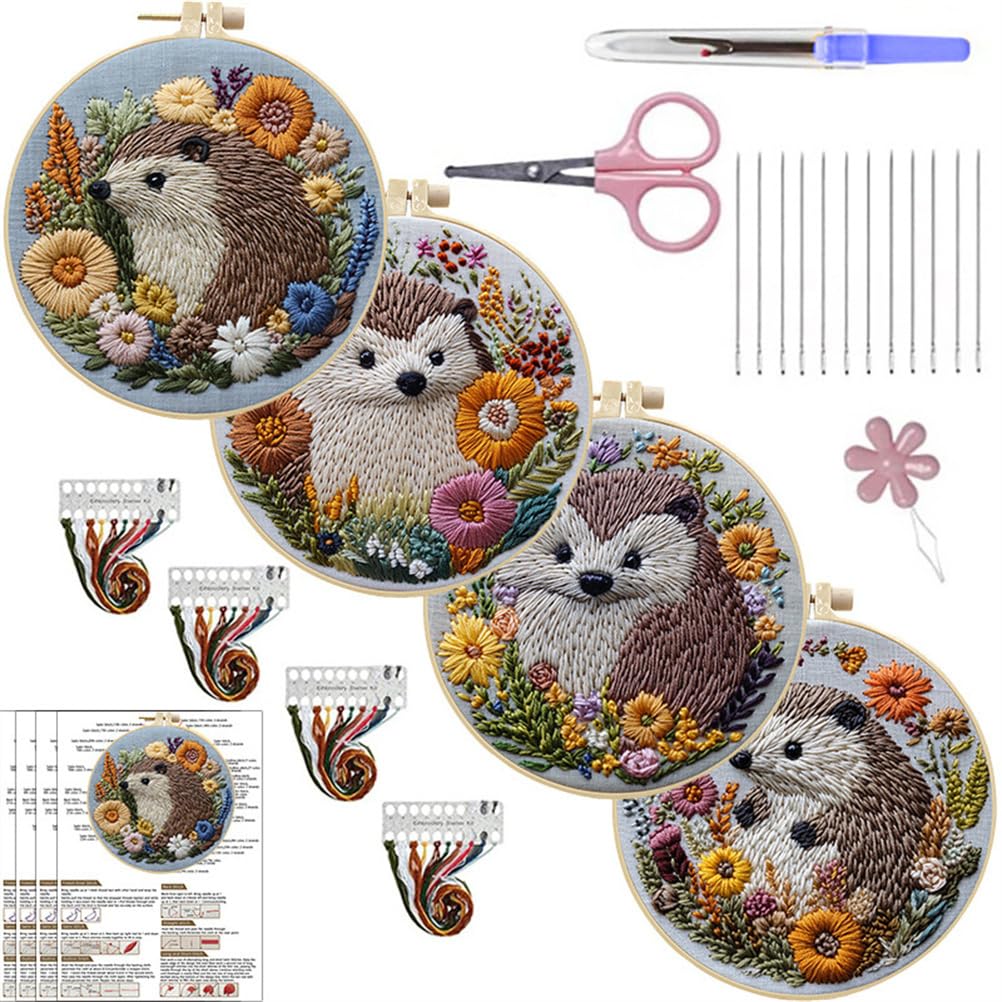 Meecaa Hedgehog 4P Embroidery Kit Starter Set, Flower Animal Hand Embroidery Set, Pattern Printed Cross Stitch Set For Beginner Adults, With Embroidery Hoop And Instructions (Hedgehog)