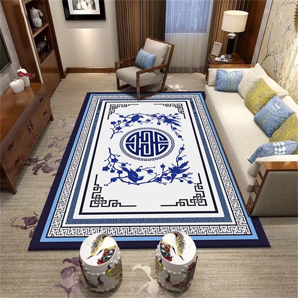 Petit tapis salon bleu oriental pour créer un coin lecture cosy