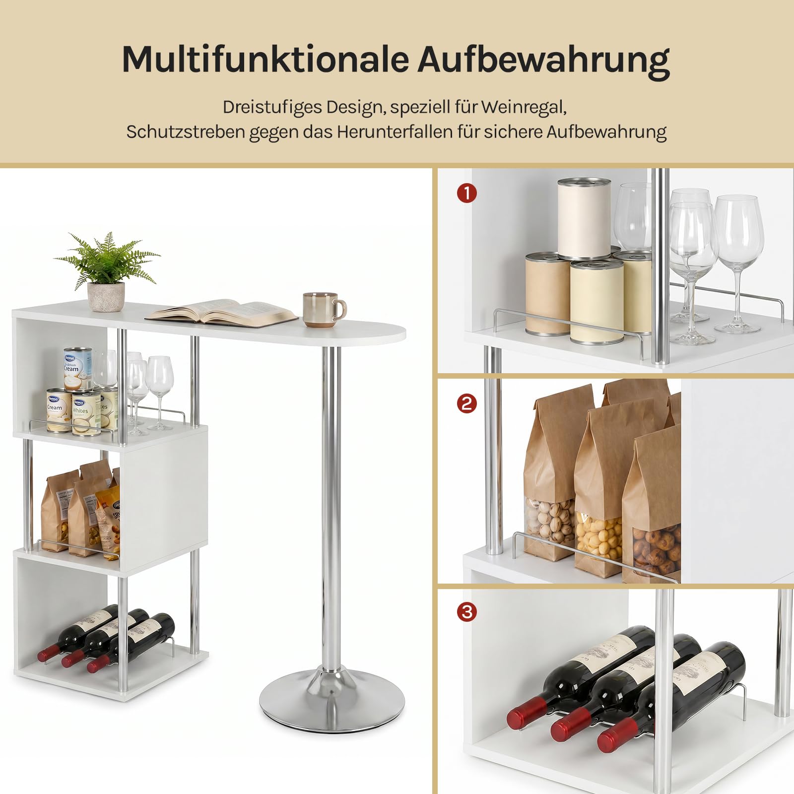 WOLTU S-förmiger Bartisch mit Stauraum, Stehtisch mit Weinregale, Bistrotisch aus Metall & Holz, Bartheke Tresentisch für Küche Bar Wohnzimmer, 113 x 40 x 105cm, Weiß