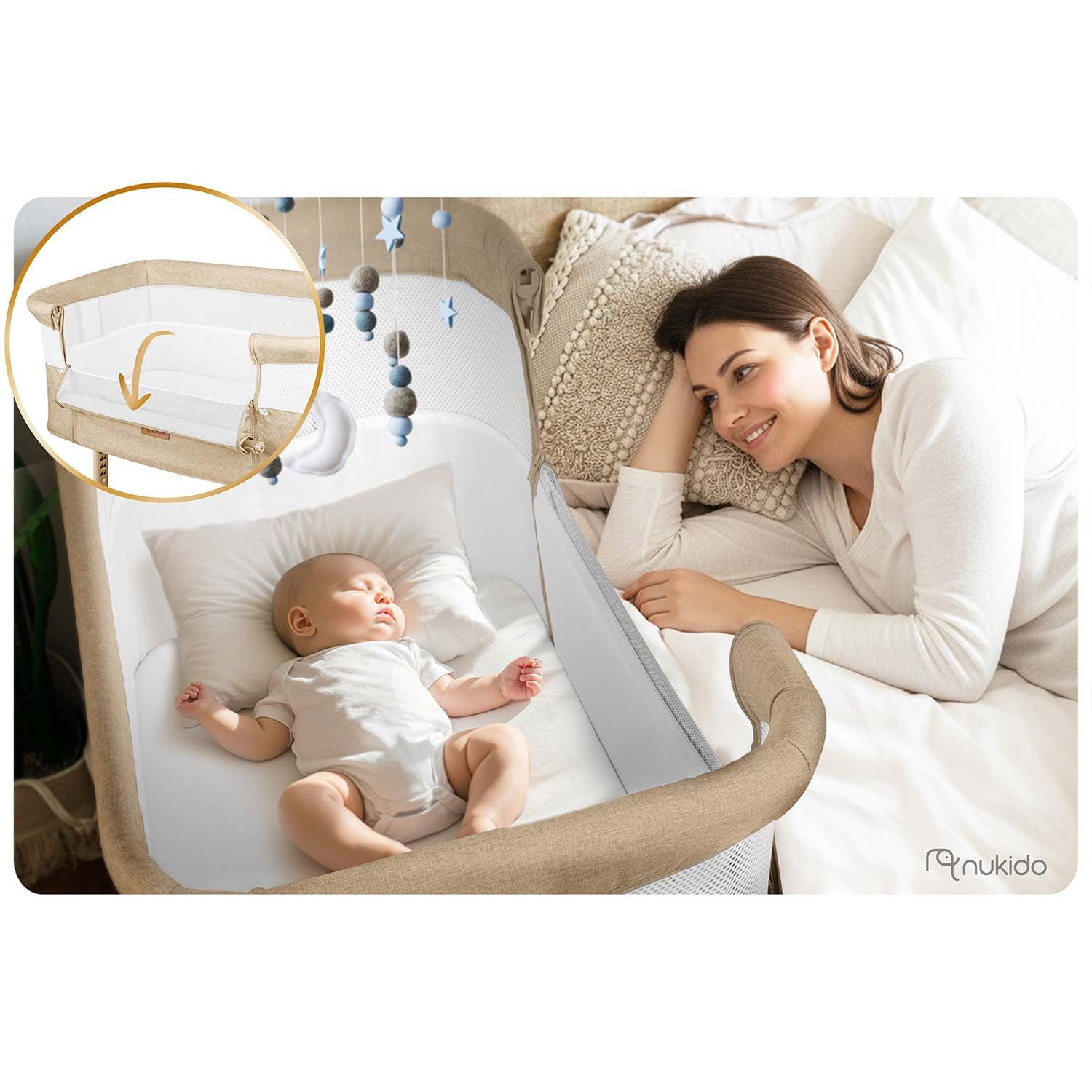 Nukido Babybett Beistellbett Reisebett - Bis 9 kg 5 Monate - Mit Matratze - Klappbar - Auf Rollen - Höhenverstellbar - Beige