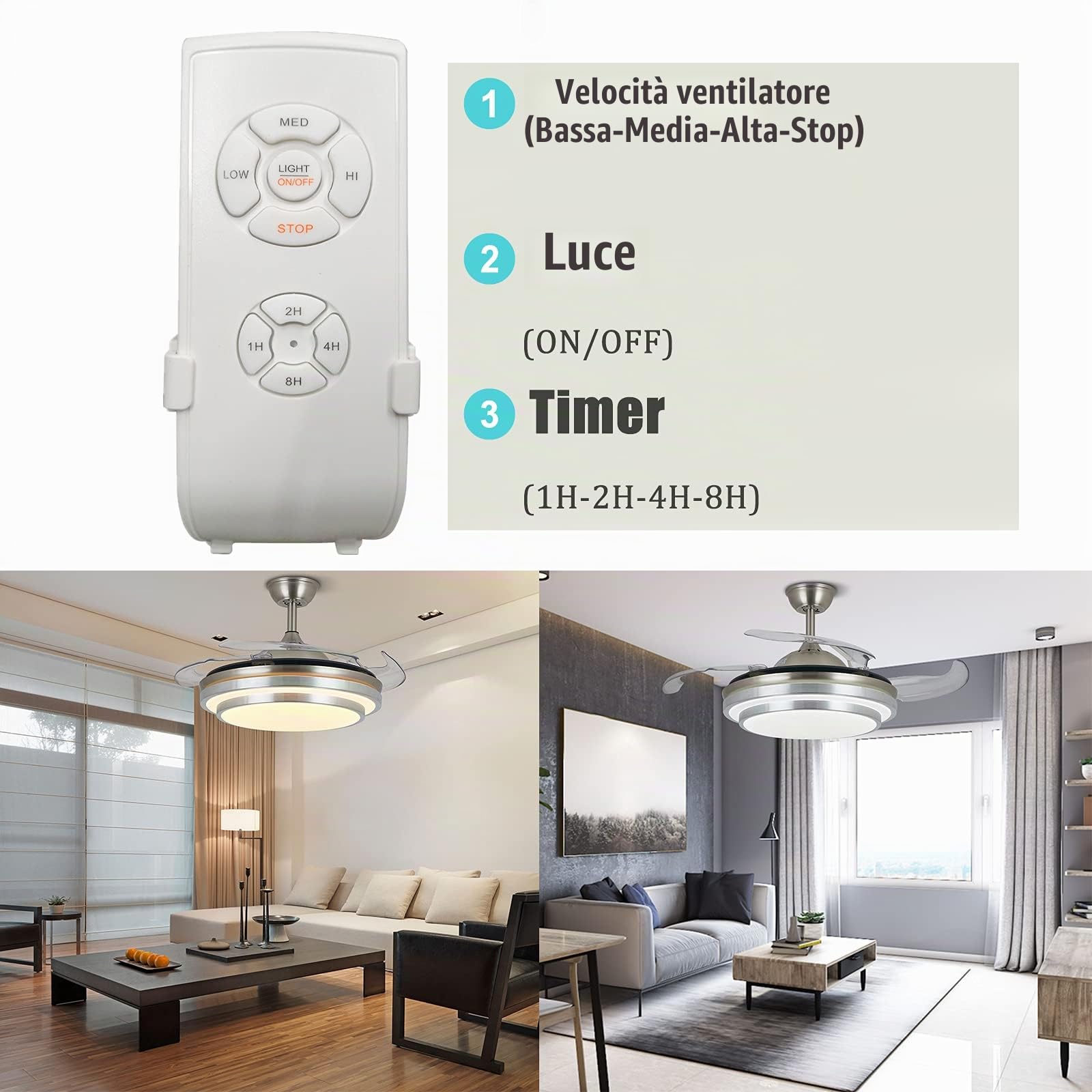 Ventilatore da soffitto da 36" con illuminazione, telecomando Invisible Fan lampadario 4 lamelle per sala da pranzo, ristorante, soggiorno, camera da letto