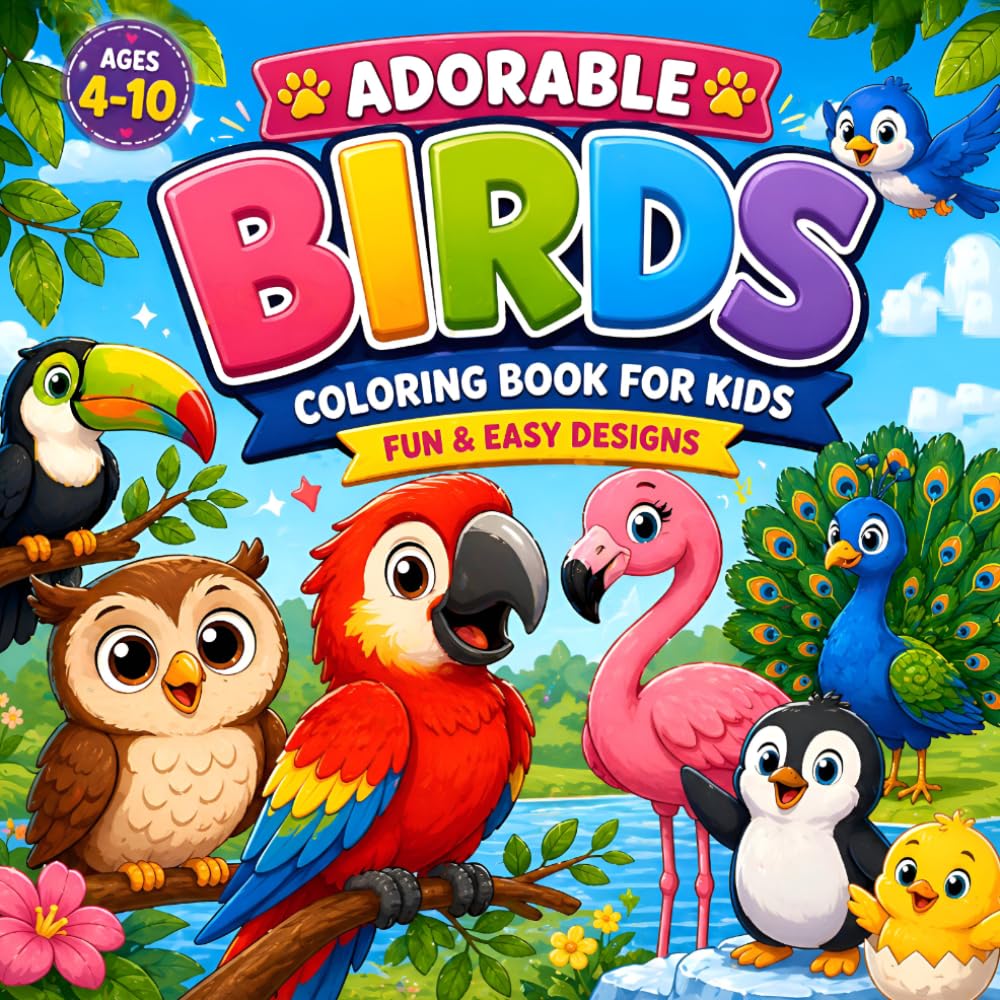 Adorable Birds Coloring Book: Fun & Easy Coloring Book for Kids Ages 4–10 (Adorable Animals Series)