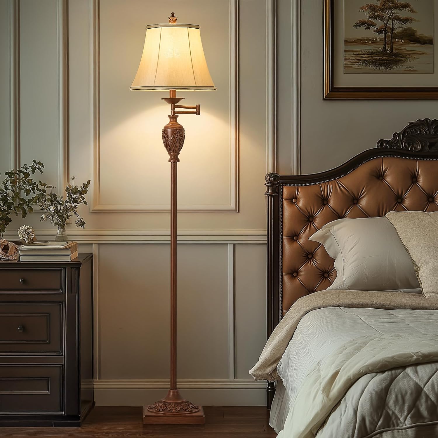 Traditional LED Floor Lamp with 350° Adjustable Swing Arm Lamp – Vintage Standing Pole lamp for Living Room, Bedroom and Office – Rustic Upright Floor Light for Home Décor with Faux Silk Fabric Shade