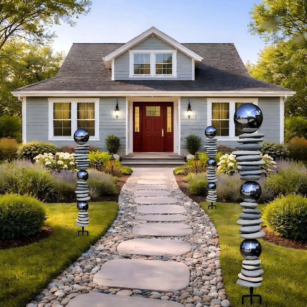 Zen Garden Ourdoor Decor - 32" Rock & Stainless Steel Sphere Sculpture Stake, Modern Yard Art for Landscape, Patio, or Pathway