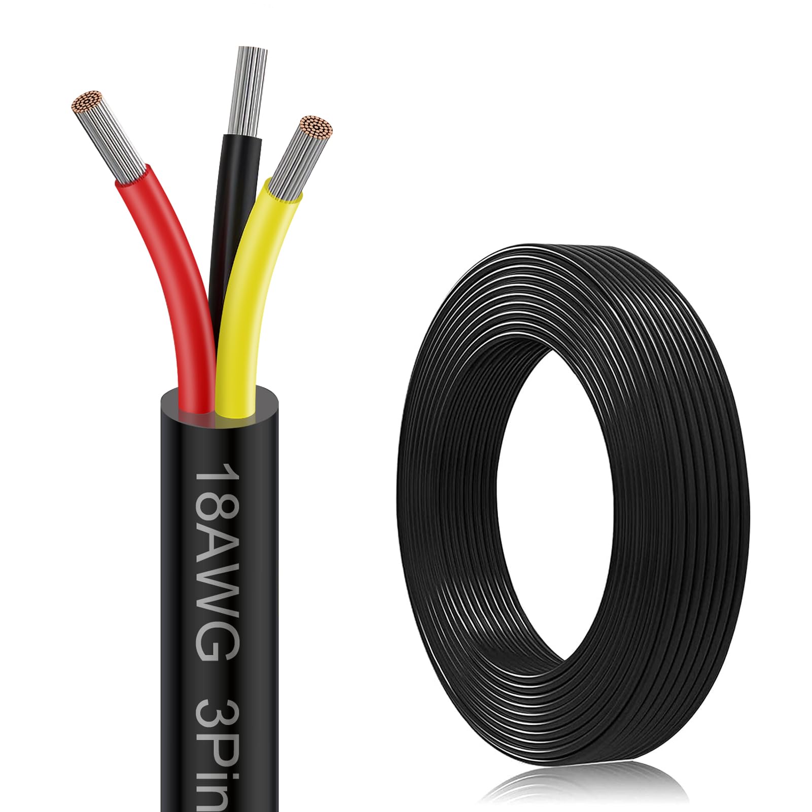 18 Gauge Electrical Wire 3 Conductor, 18 AWG 50FT PVC Stranded, 18/3 Low Voltage LED Cable, Flexible Extension Power Cord, Tinned Copper Cable Hookup