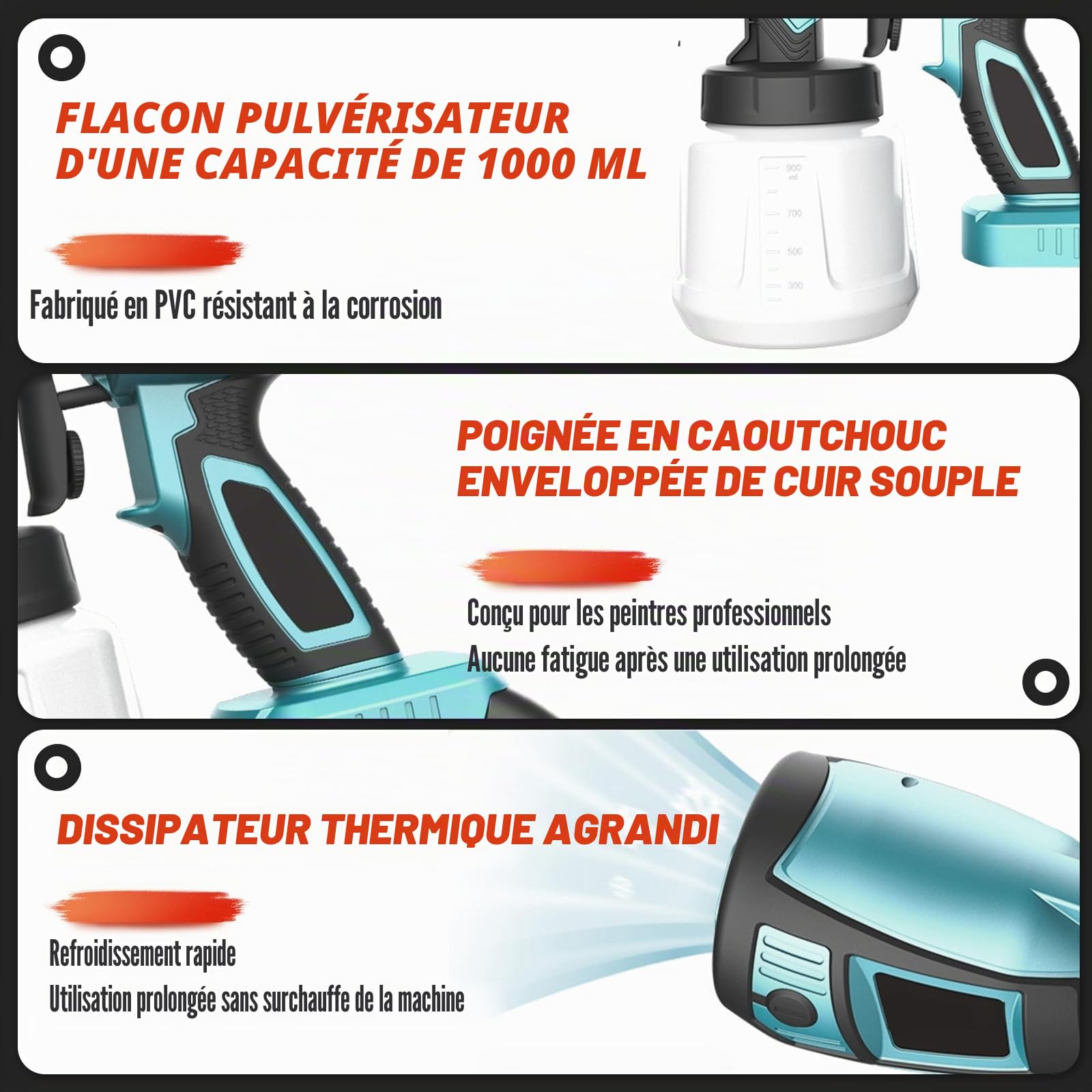 Pistolet à Peinture sans Fil avec 2 Batteries de 3000 mAh et Chargeur, récipient de 1000 ML, 3 Buses (1,0/1,8/2,5 mm), buse et Aiguille en cuivre, récipient en PVC Durable – pour Murs, Portes, Bois