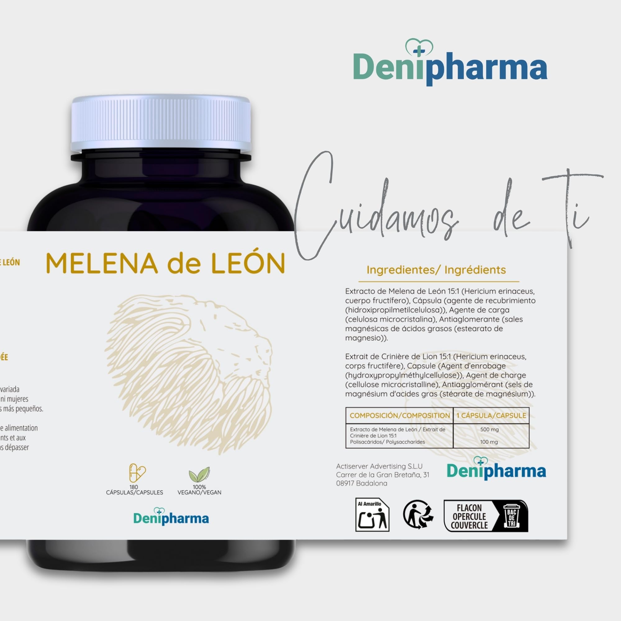 Melena de León - Nootrópico Natural – Mejora Memoria, Enfoque y Claridad Mental – Suplemento para Salud Cognitiva y Sistema Nervioso – 180 cápsulas | DENIPHARMA