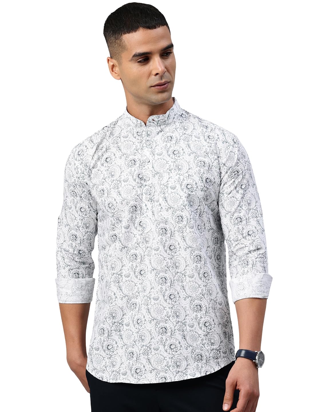 majestic man Men's Pure Cotton Printed Mandarin Collar Slim Fit Roll-Up Sleeves Short Kurta-picture-24