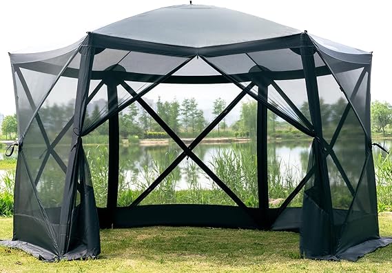 EVER ADVANCED Pop Up Gazebo Screen House Tent for Camping 11.5 ft for 8-10 Person Instant Canopy Shelter with Netting Portable for Outdoor, Backyard
