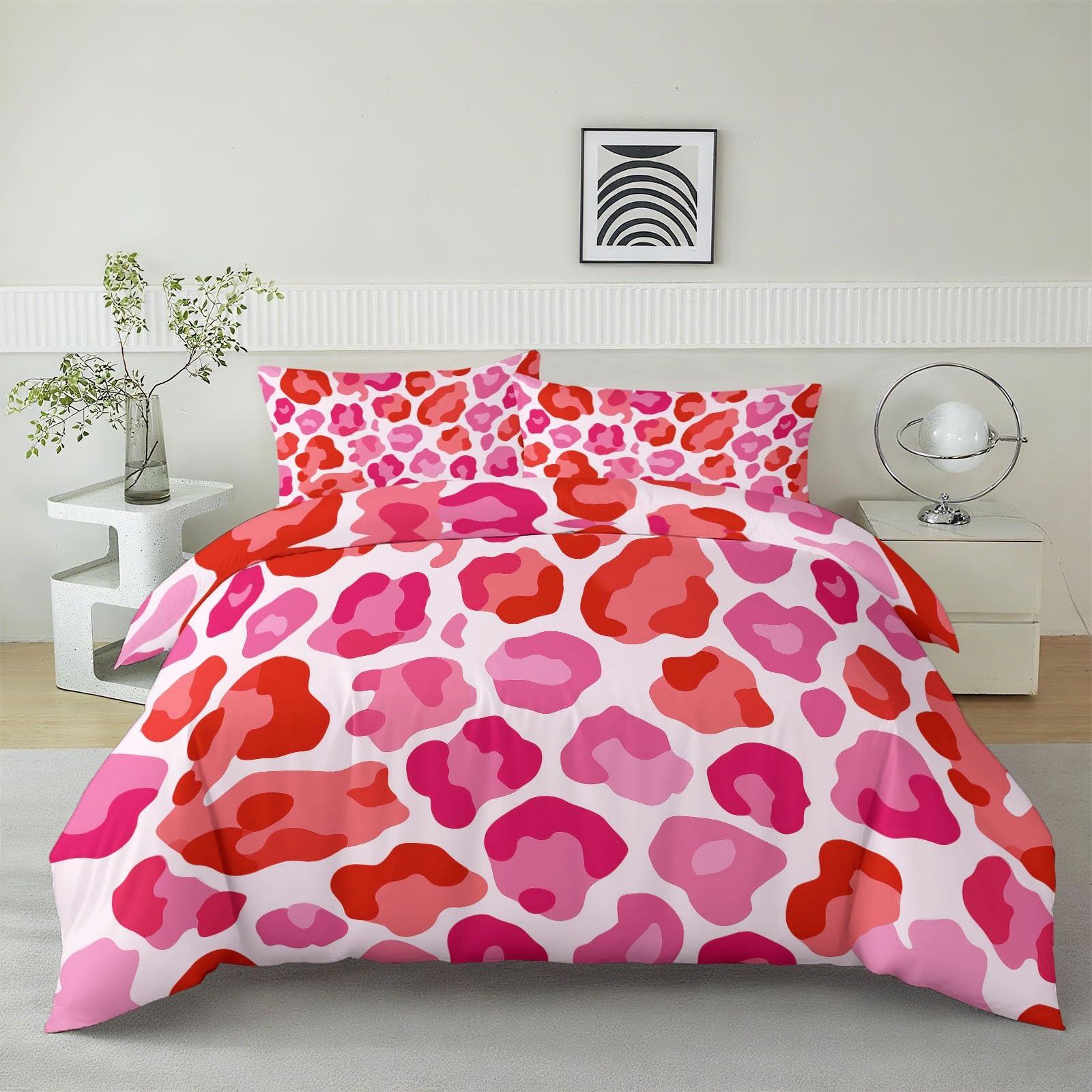 Parure lit hypoallergenique 140x200 rose respirante motif leopard pop art 1 personne